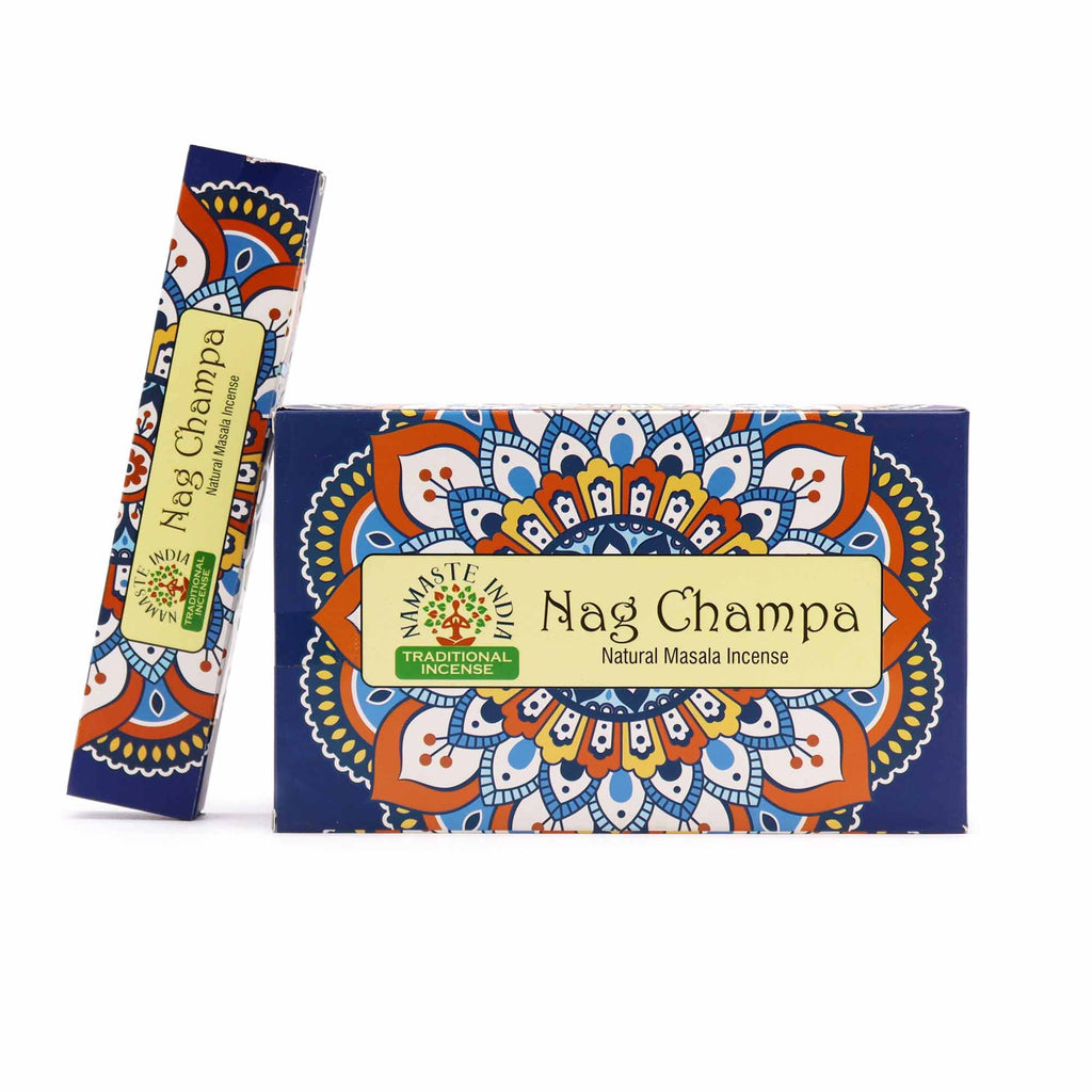 Nag Champa incense packaging with a stick on a white background