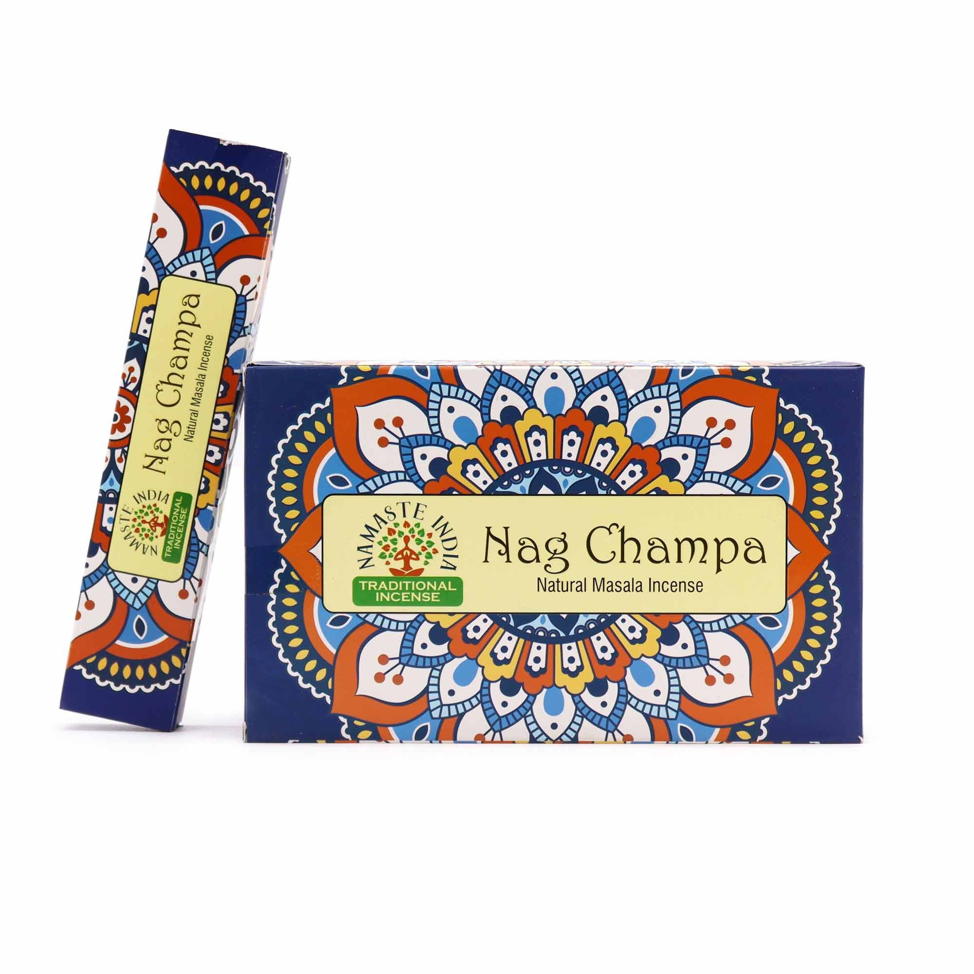 Nag Champa incense packaging with a stick on a white background