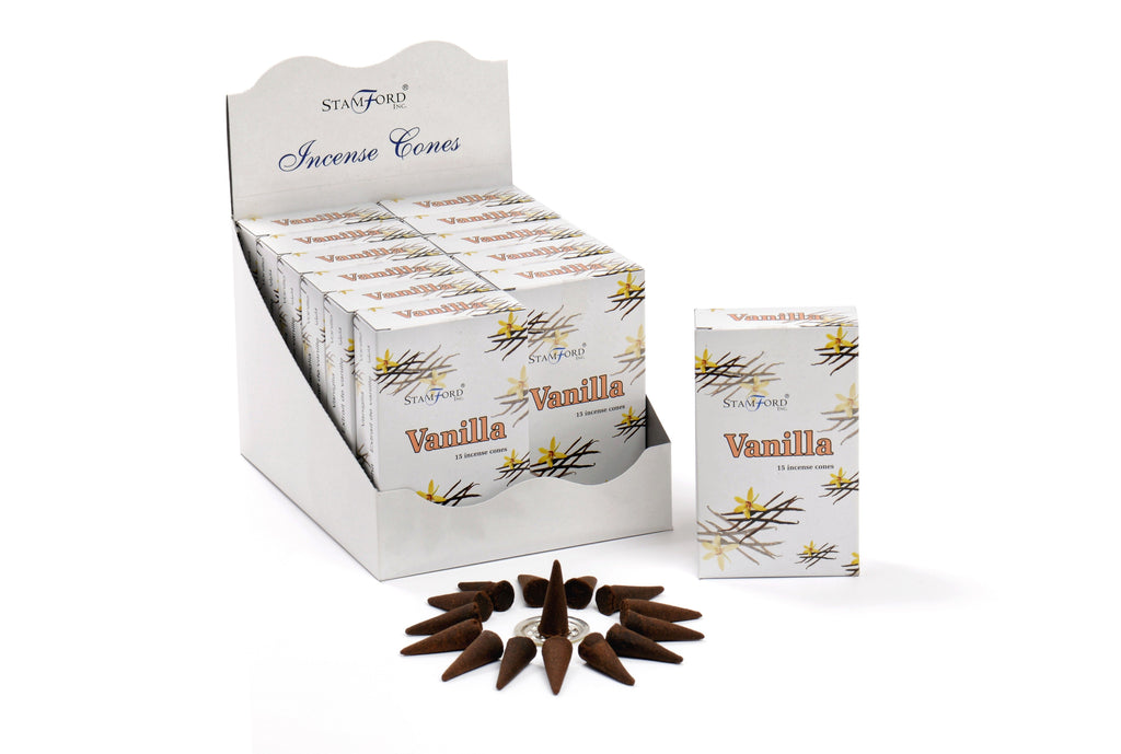 Box of Stamford Vanilla incense cones on a white background