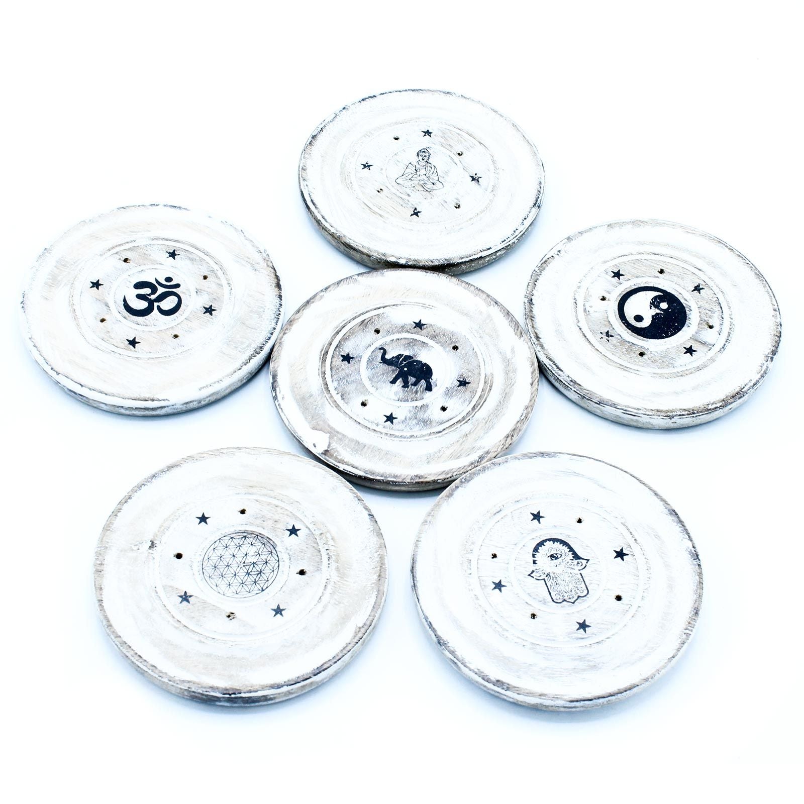 Set of six white coasters with black symbols on a white background