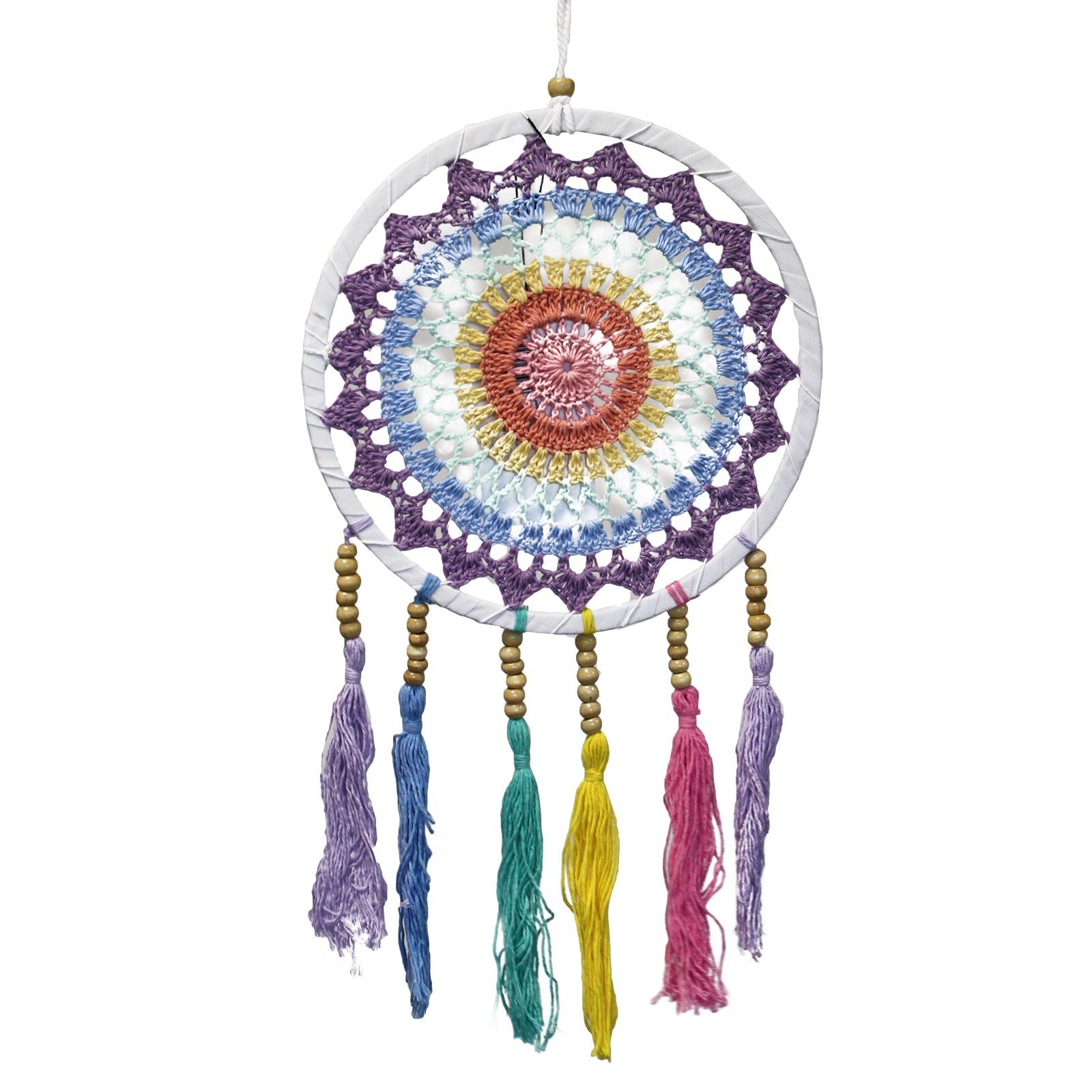 Colorful dreamcatcher with multicolored threads and beads on a white background