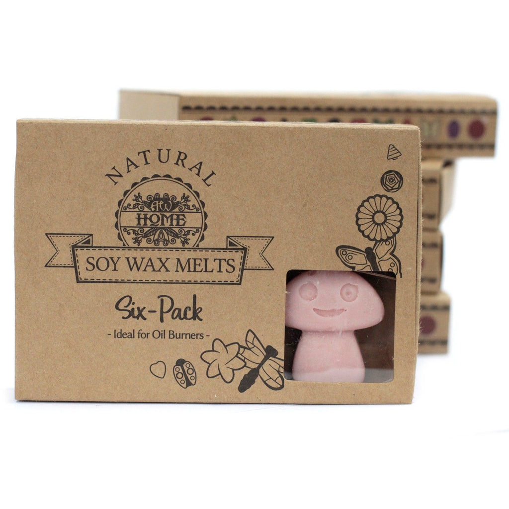 Box of natural soy wax melts with a pink candle inside, on a white background