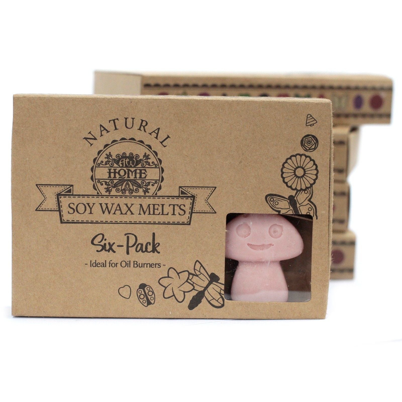 Box of natural soy wax melts with a pink candle inside, on a white background
