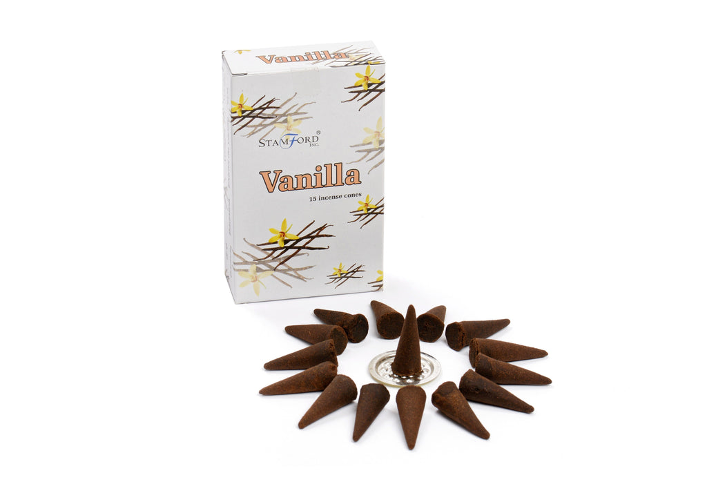 Vanilla incense cones with packaging on a white background