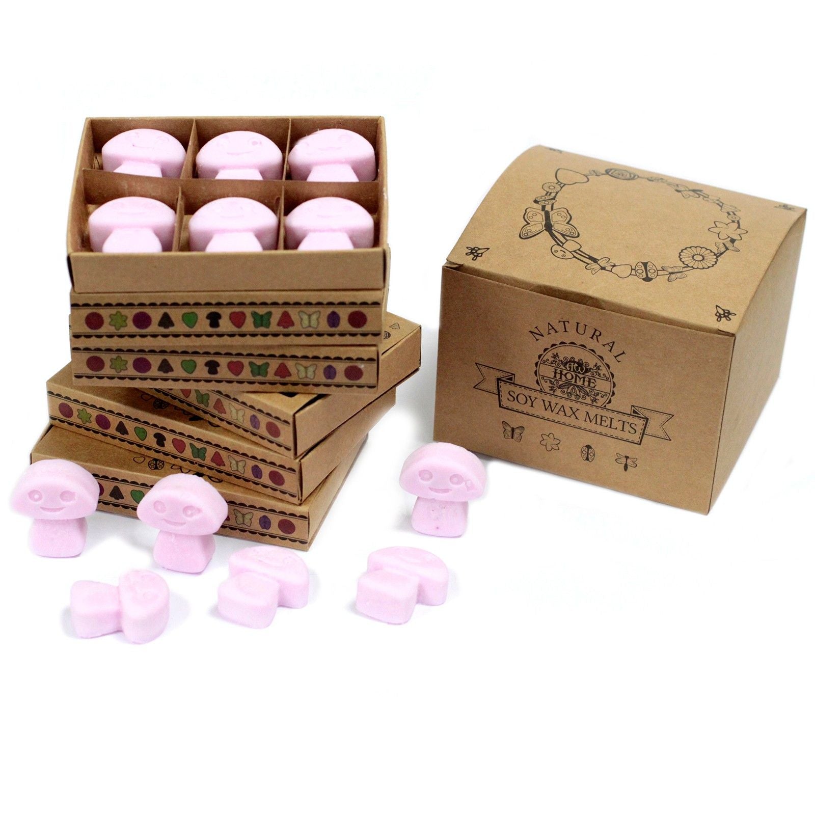 Pink wax melts with cardboard packaging labeled 'Natural Soy Wax Melts' on a white background