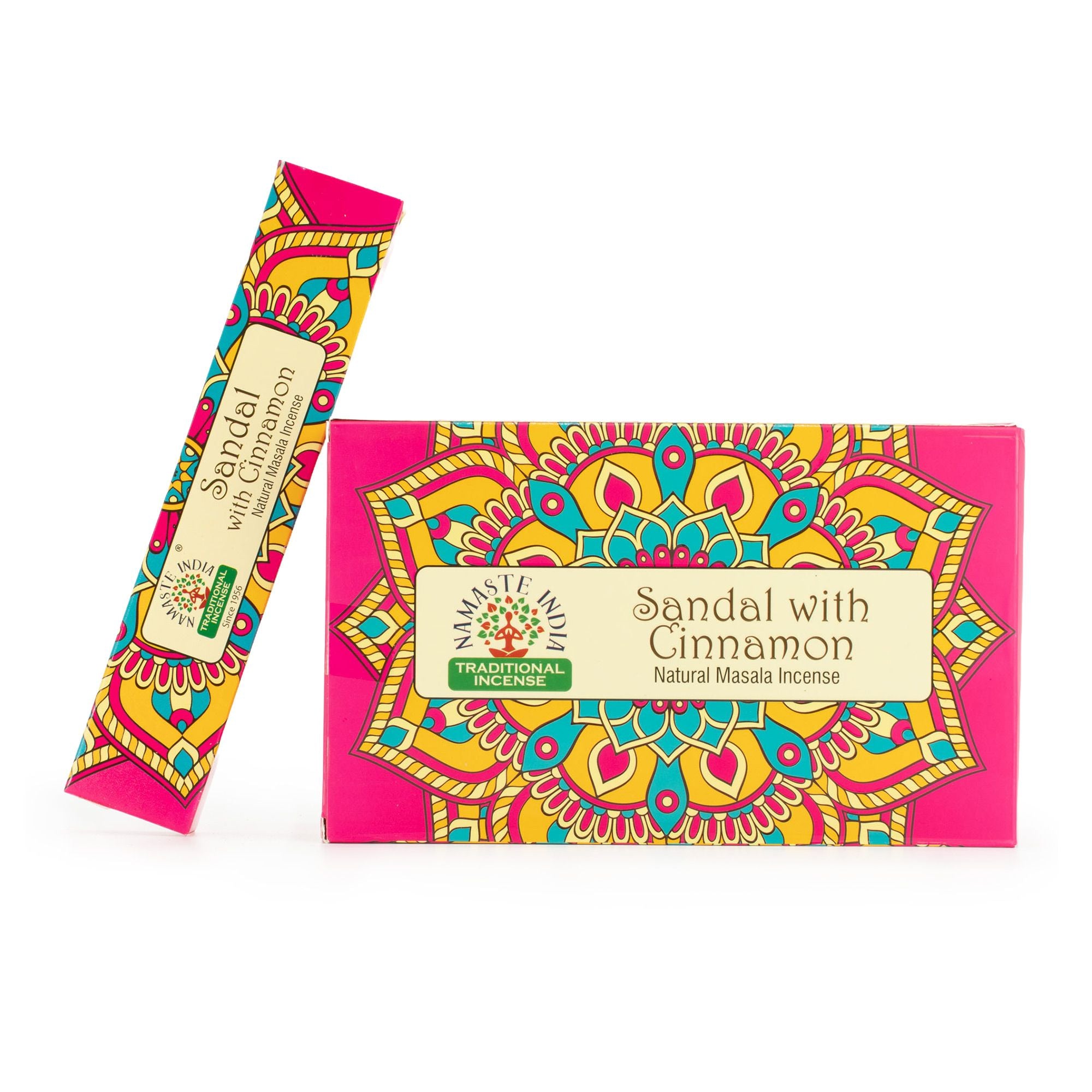 Incense stick and packaging with colorful design on a white background