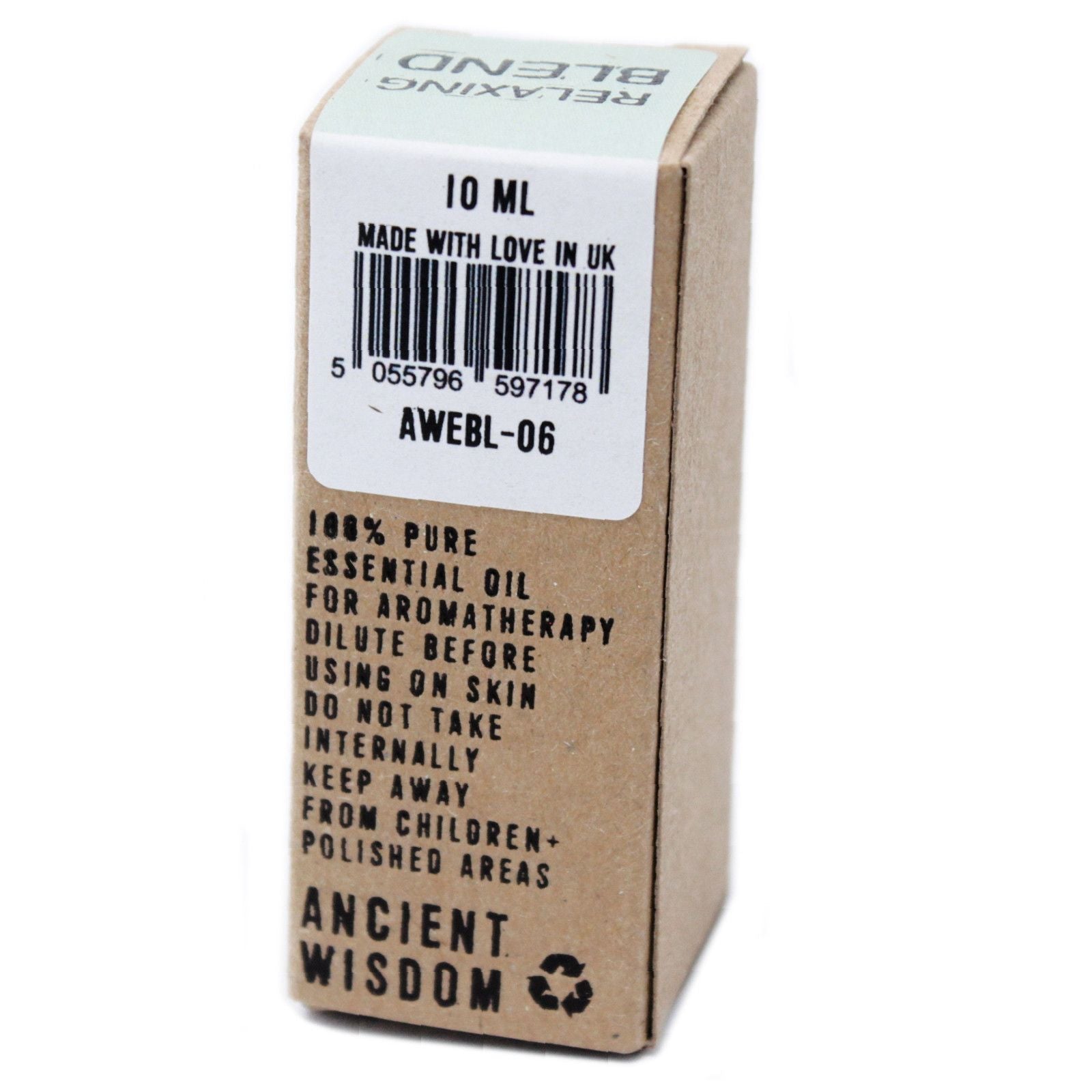 Cardboard box packaging for a 10ml essential oil bottle with text and barcode on a white background