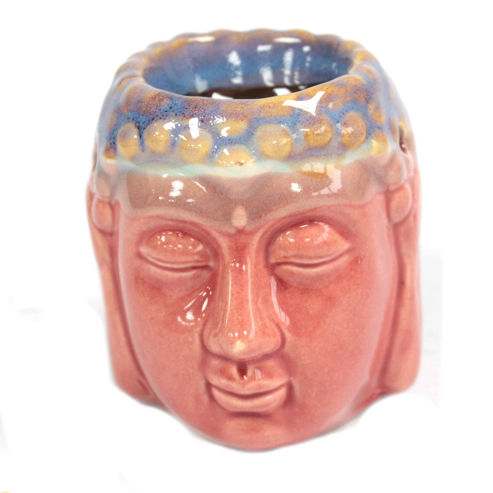 Ceramic face-shaped container with a blue and yellow pattern on a white background