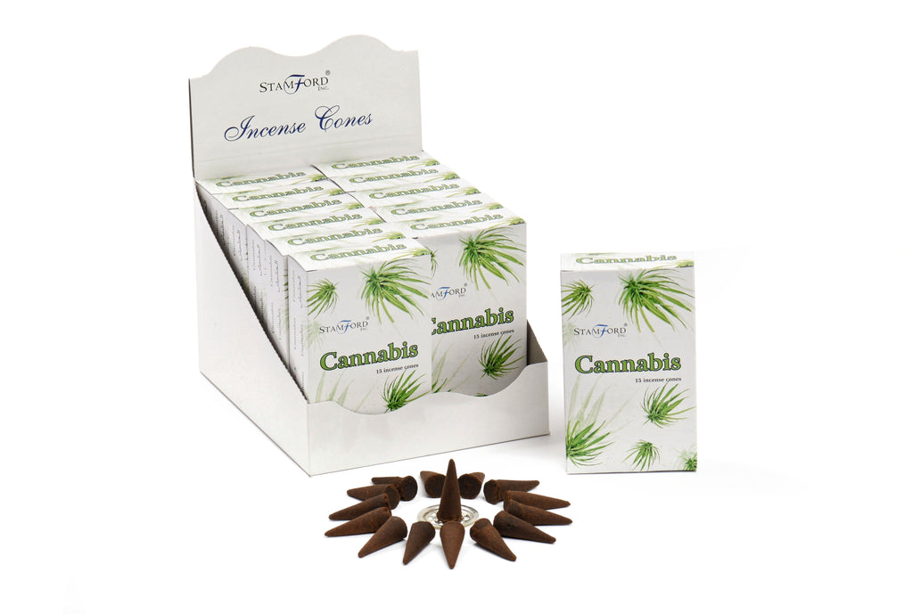 Box of Stamford Incense Cones with cannabis design on a white background