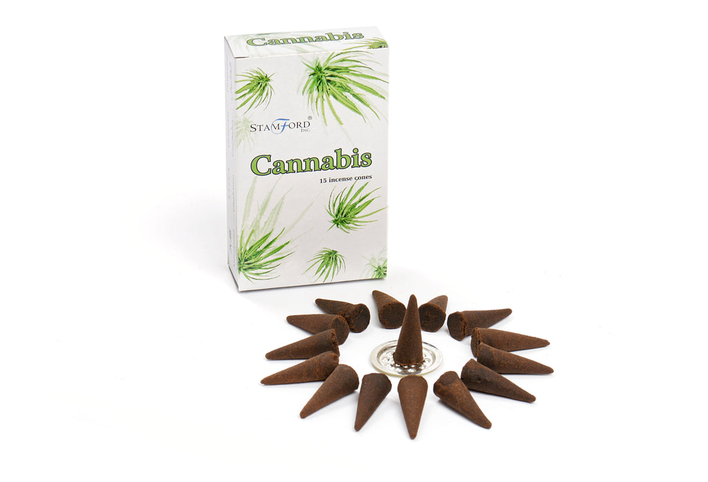 Cannabis-themed incense cones and packaging on a white background