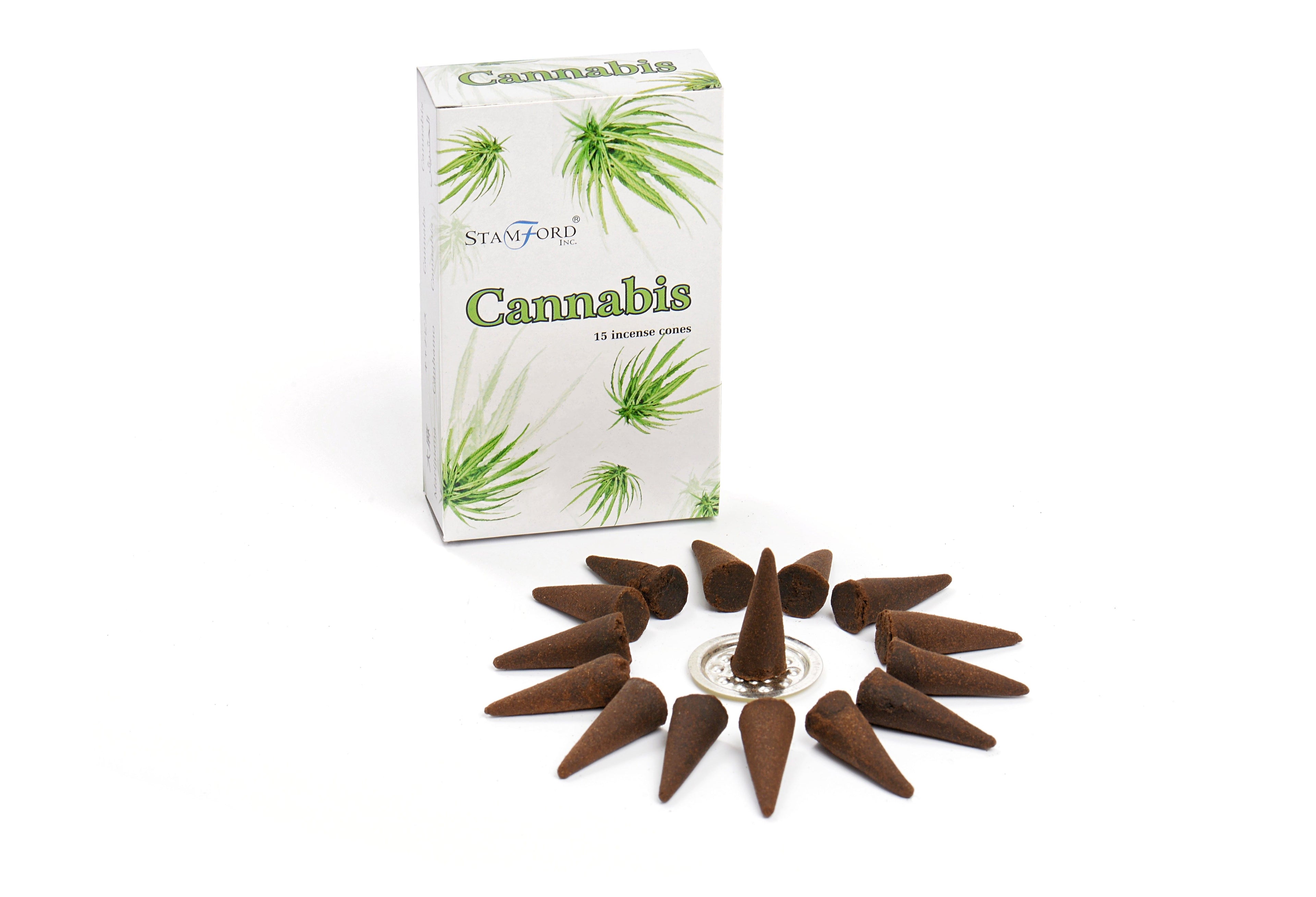 Cannabis-themed incense cones and packaging on a white background