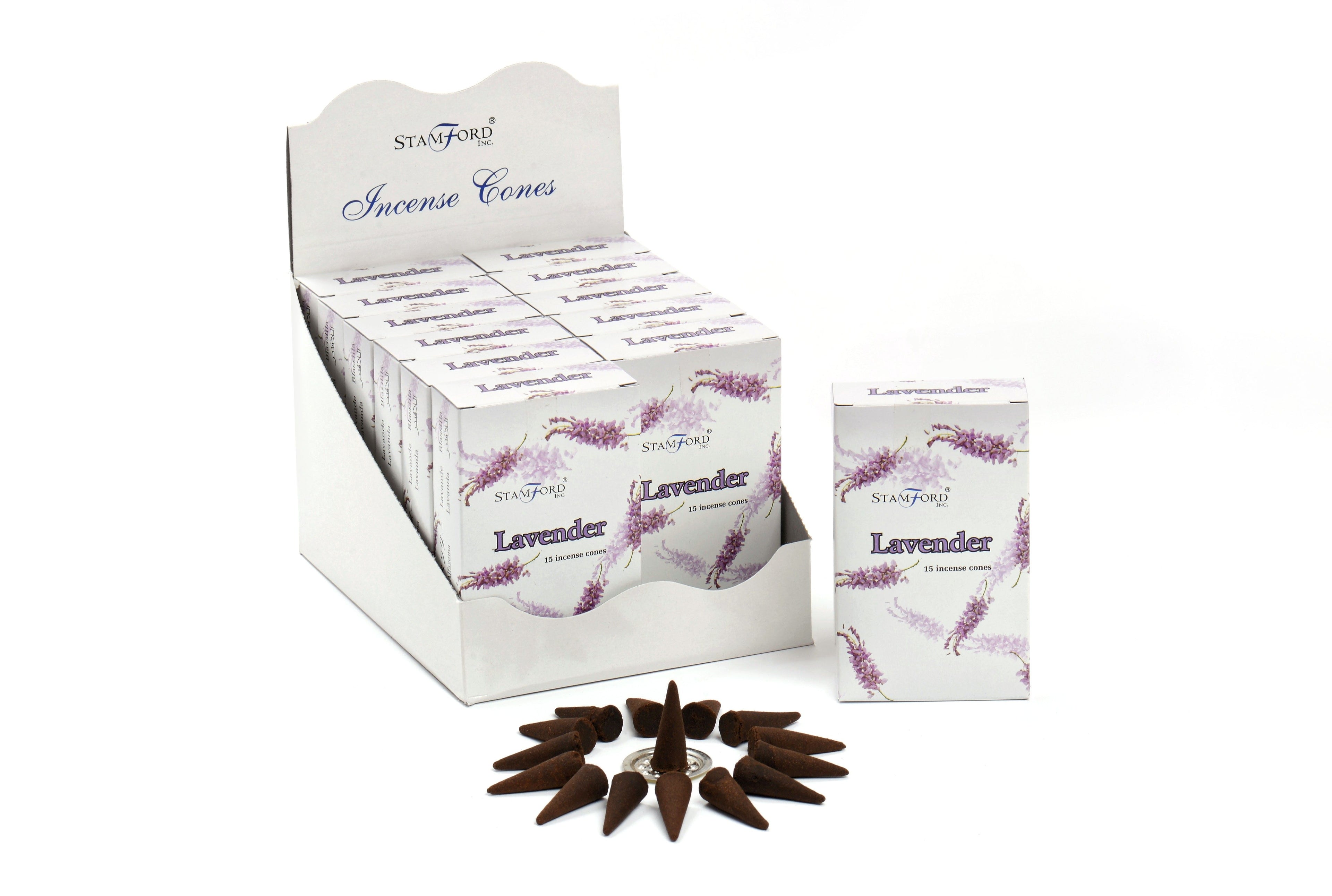 Box of Stamford Lavender Incense Cones on a white background