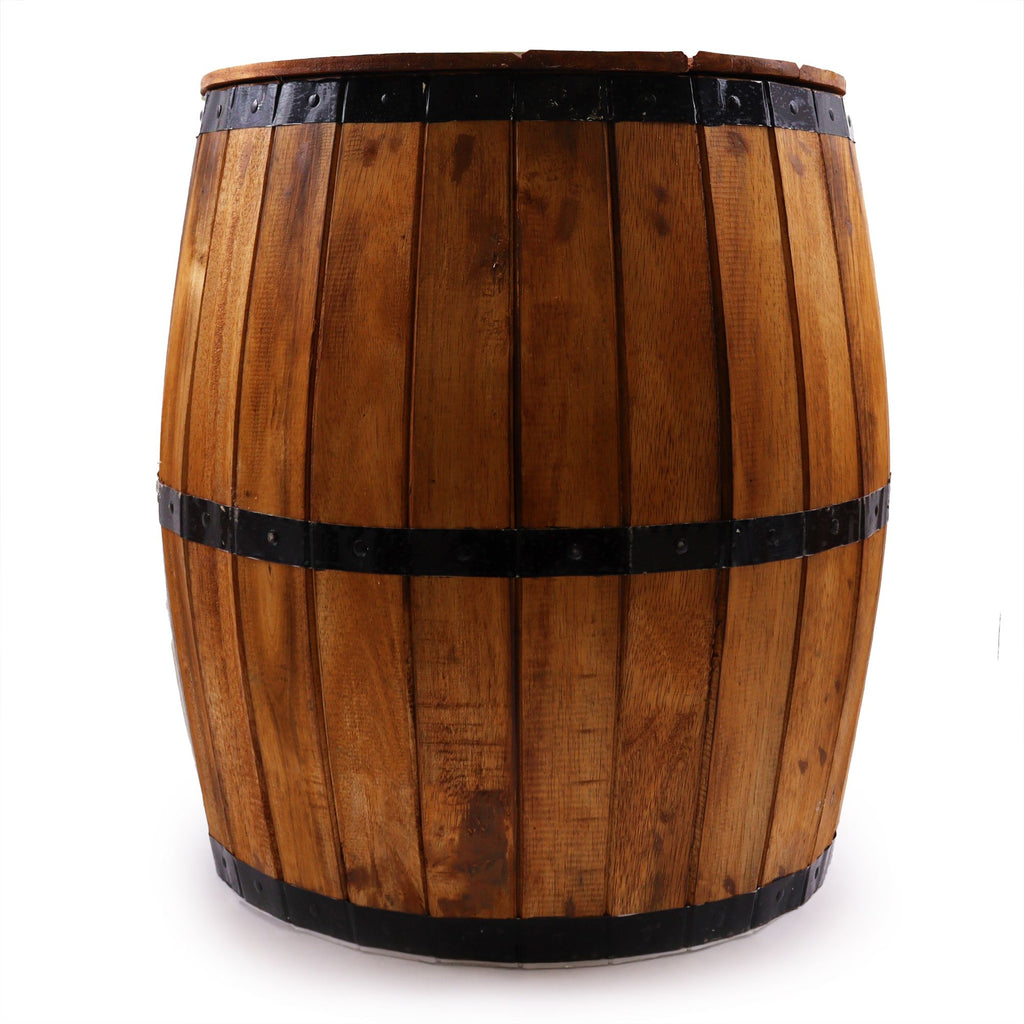 Wooden barrel with black bands on a white background