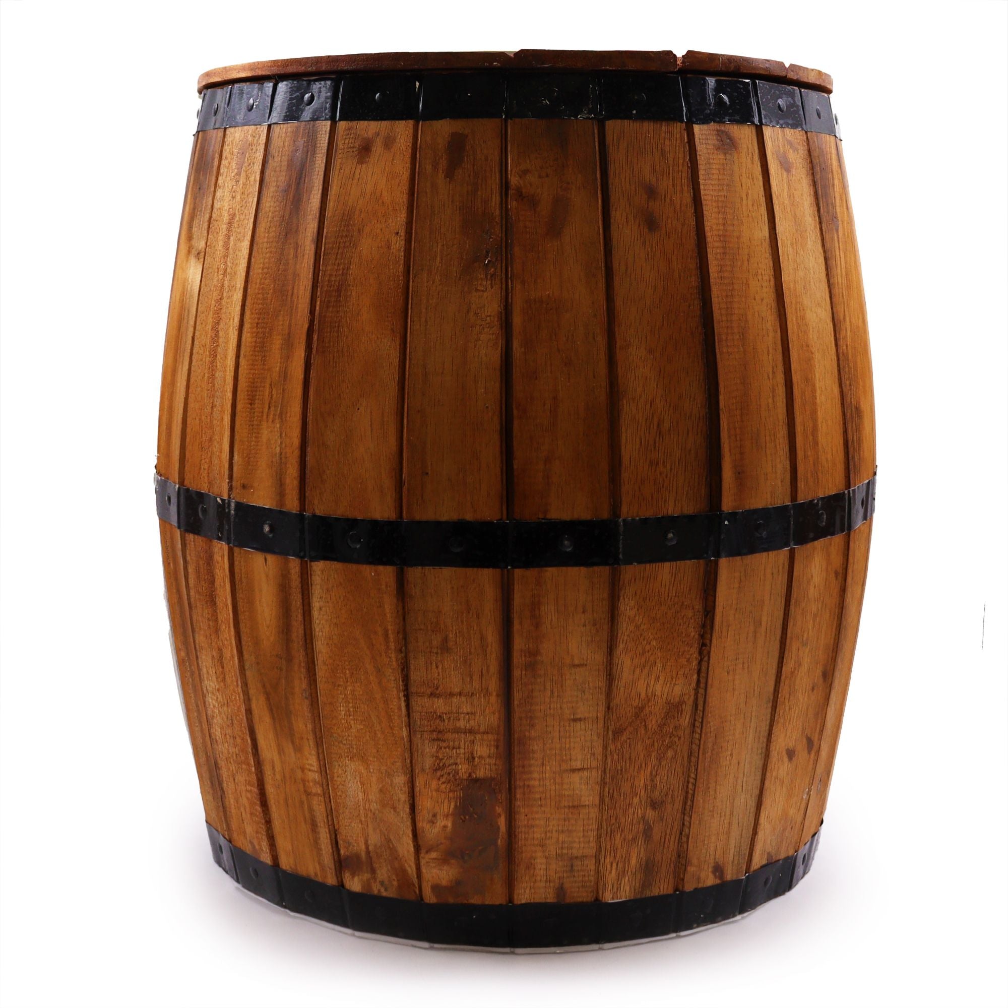 Wooden barrel with black bands on a white background