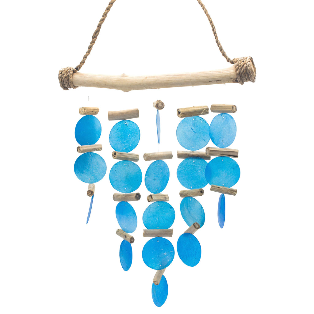 Decorative hanging mobile with blue glass stones and wooden sticks on a white background