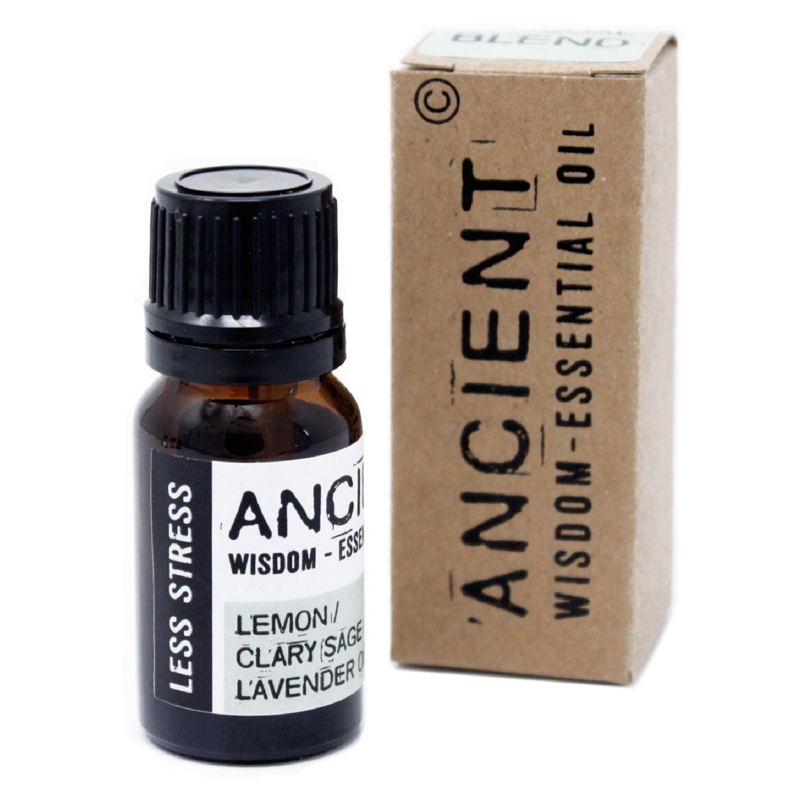 Bottle of essential oil with a cardboard box labeled 'Ancient Wisdom Essential Oil' on a white background.