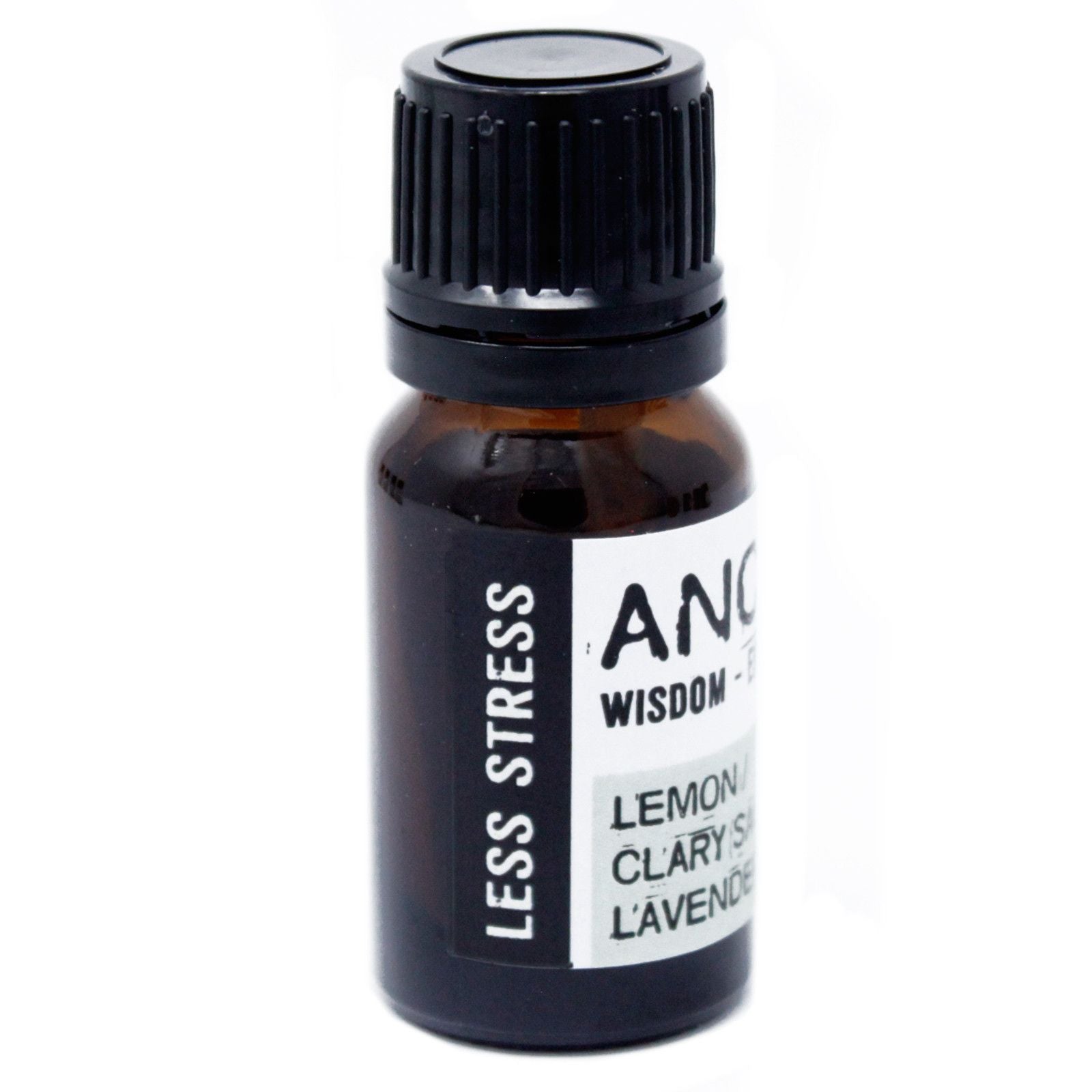 Brown essential oil bottle with a black cap on a white background