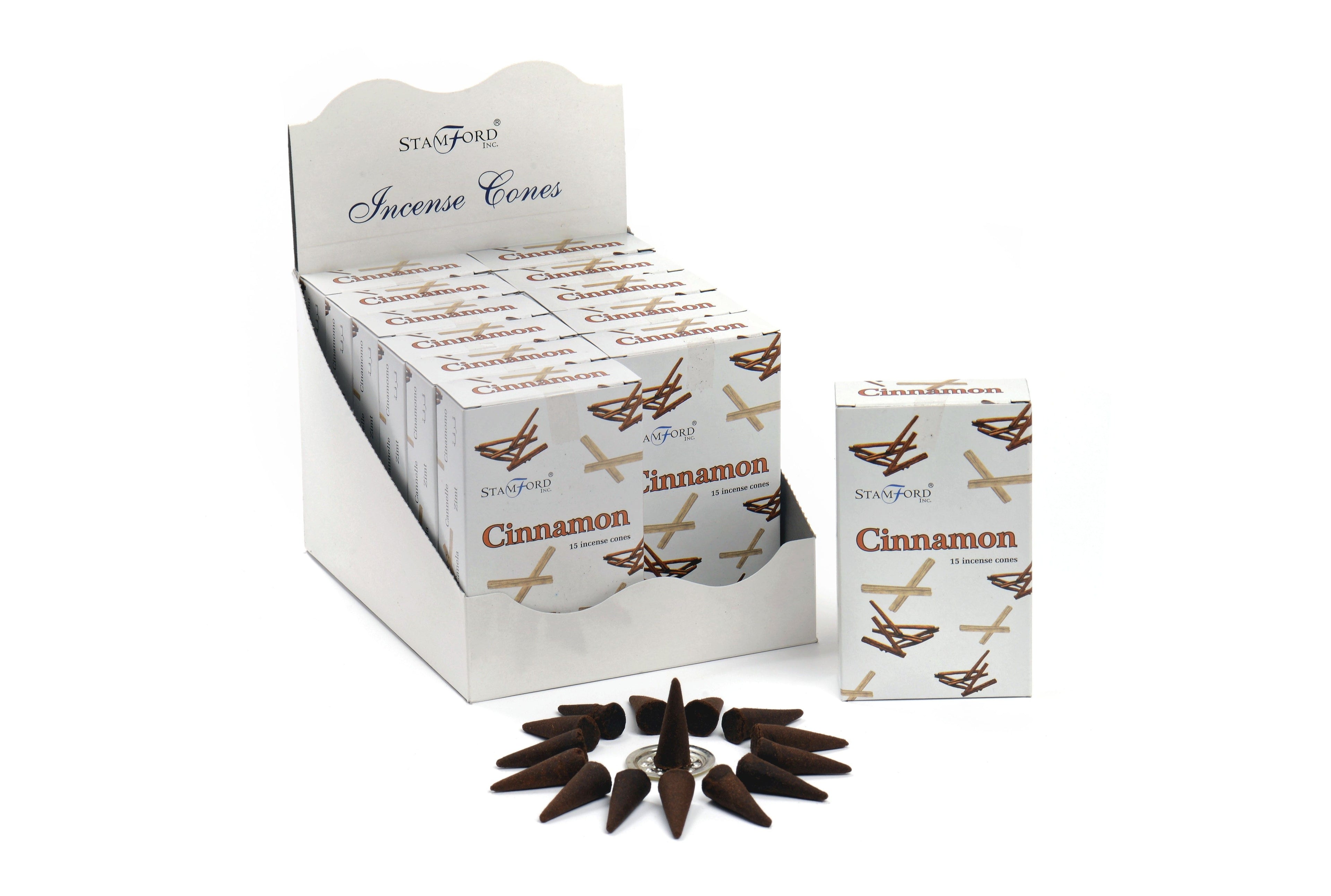 Box of Stamford cinnamon incense cones on a white background