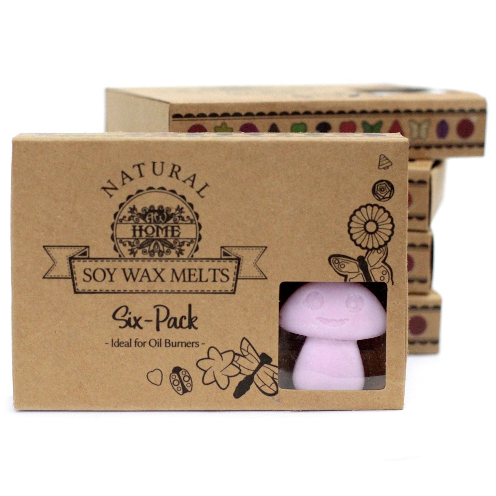 Box of Natural Home soy wax melts with a pink mushroom-shaped candle on a white background