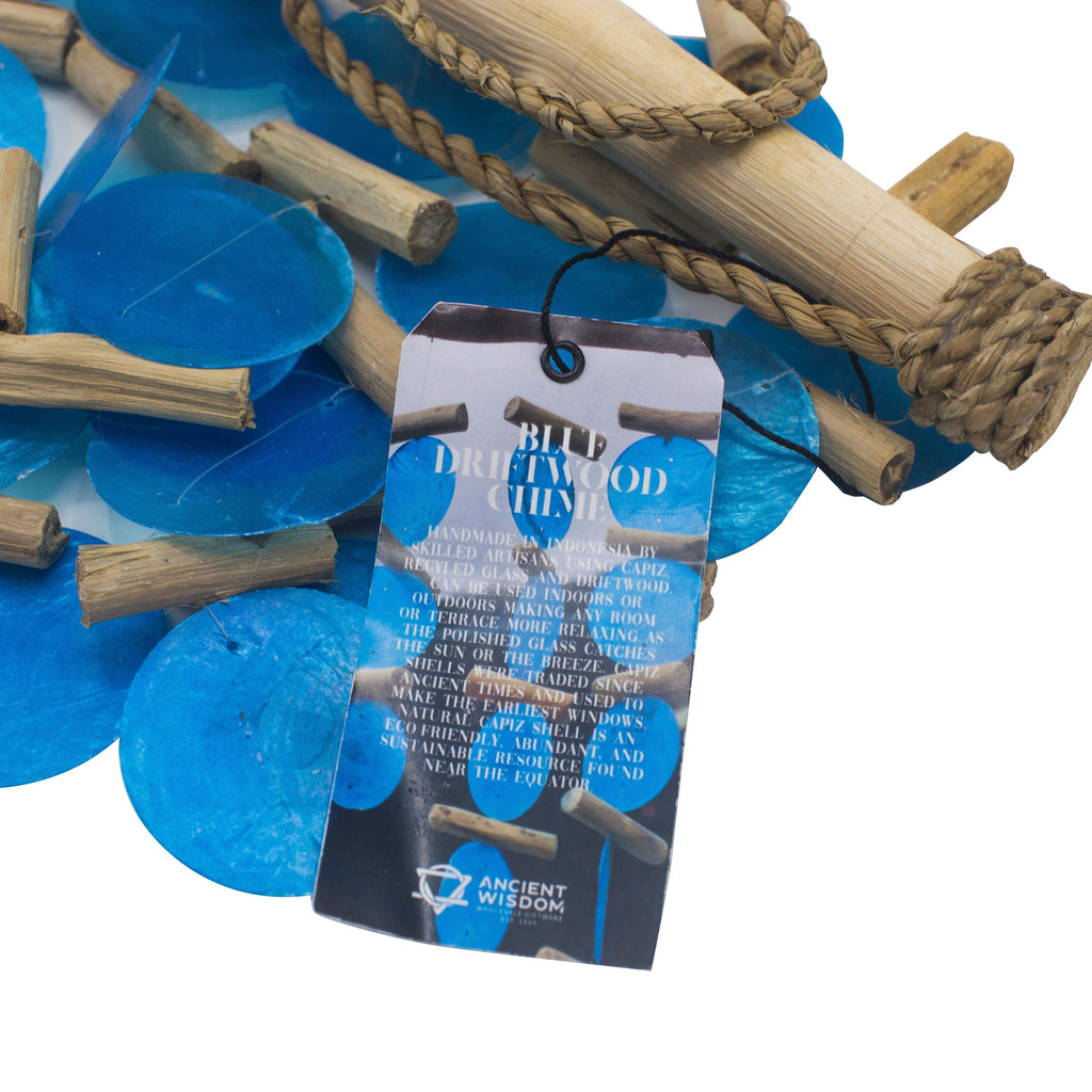 Blue driftwood chips with a product tag on a white background
