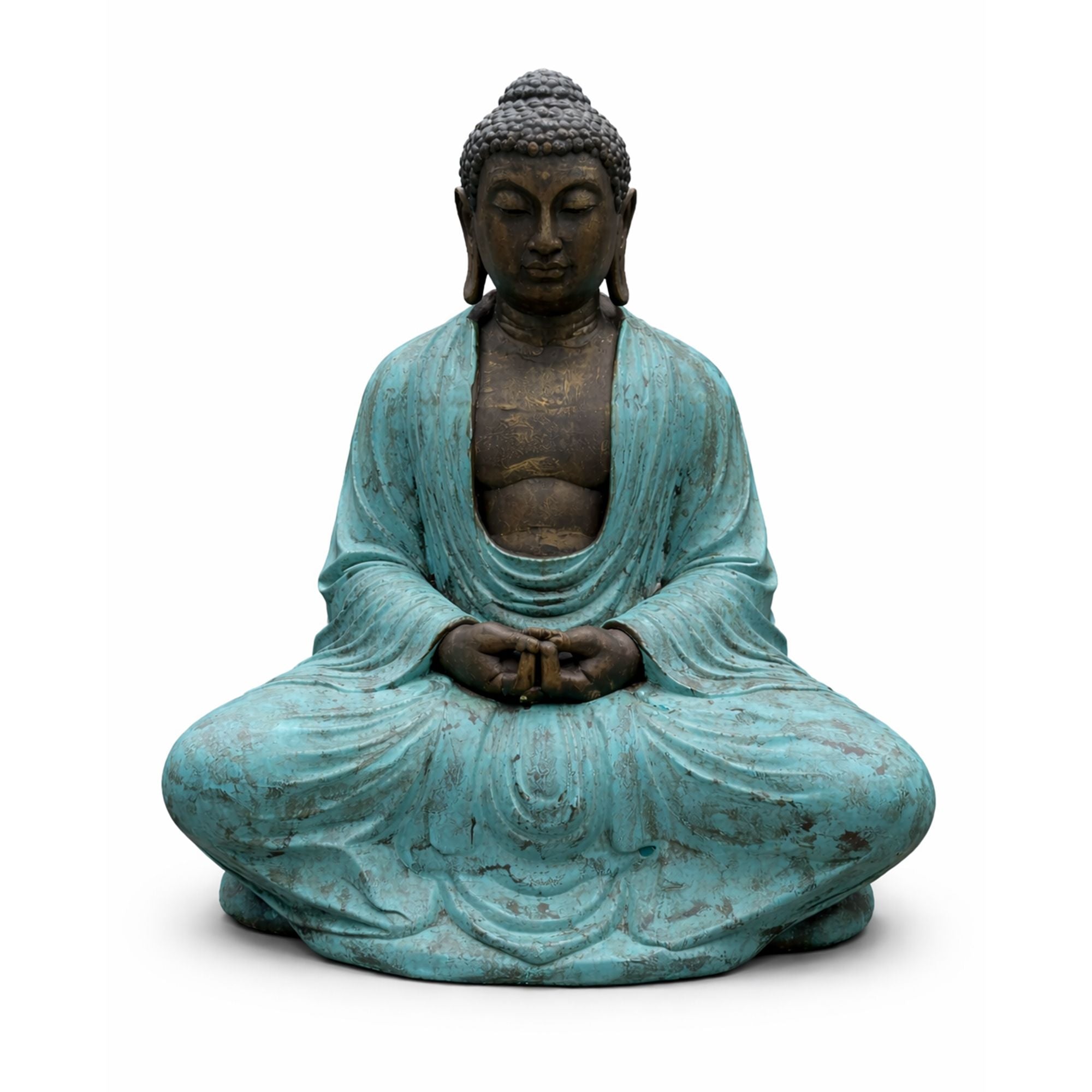 Statue of a meditating Buddha in turquoise robes on a white background