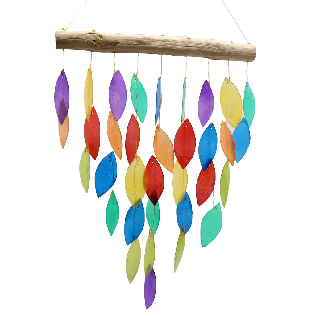 Colorful leaf-shaped wind chime hanging from a wooden rod on a white background