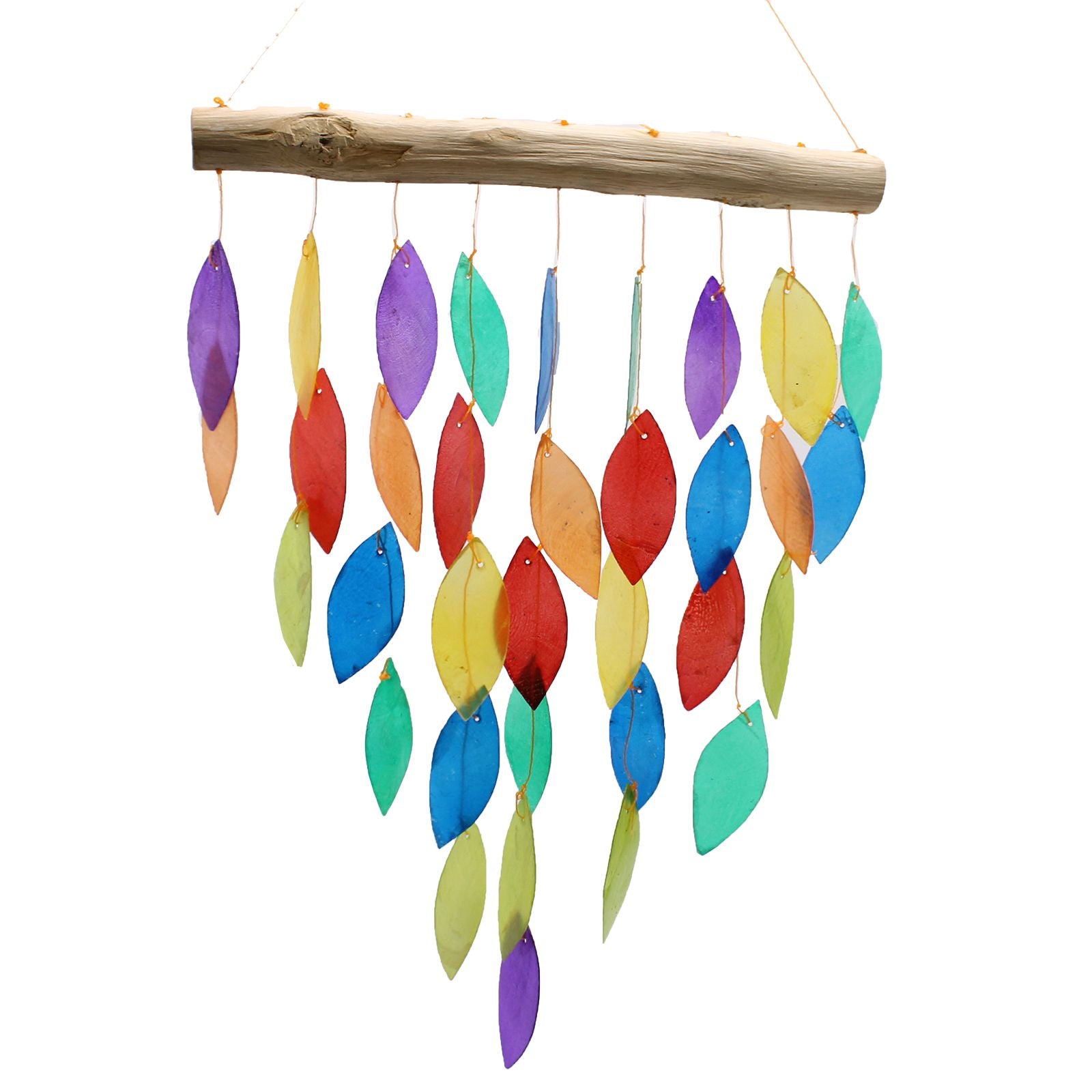 Colorful leaf-shaped wind chime hanging from a wooden rod on a white background
