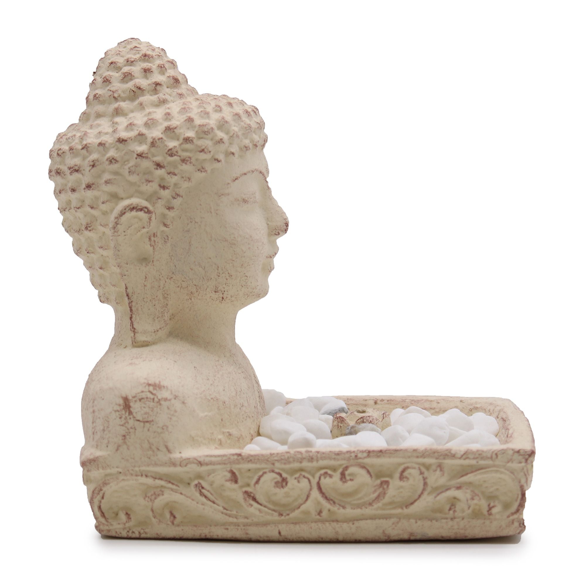 Decorative Buddha head sculpture on a white background