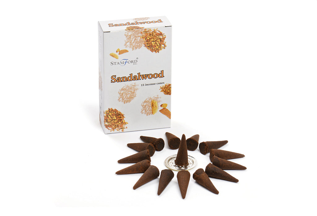 Sandalwood incense cones with packaging on a white background