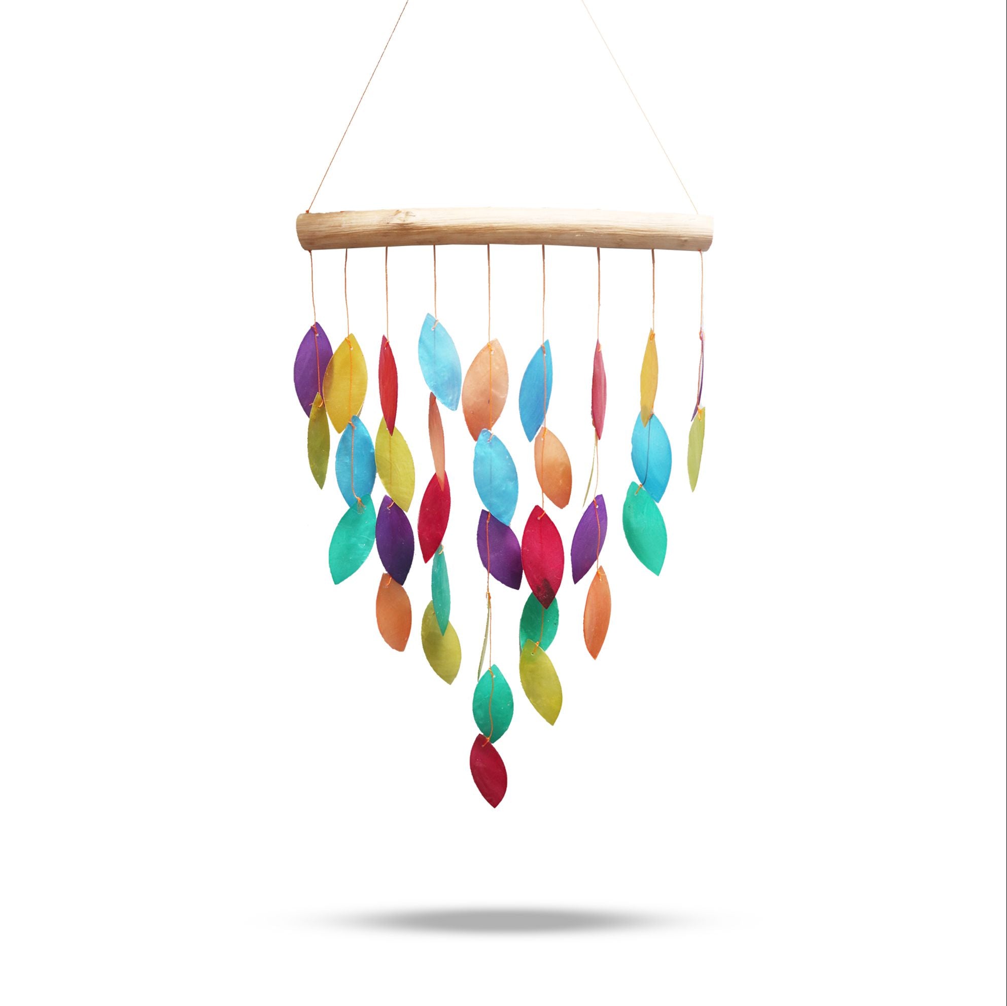 Colorful leaf-shaped hanging mobile on a white background