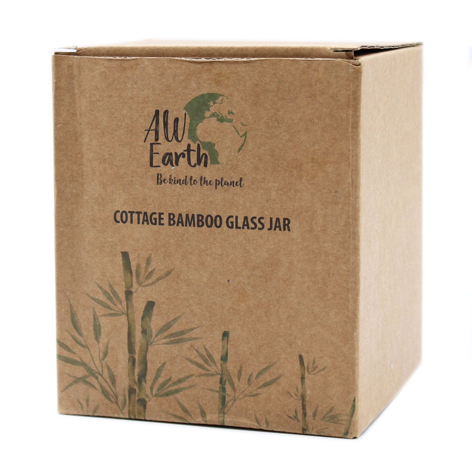 Brown cardboard box with 'All Earth' branding and bamboo design on a white background