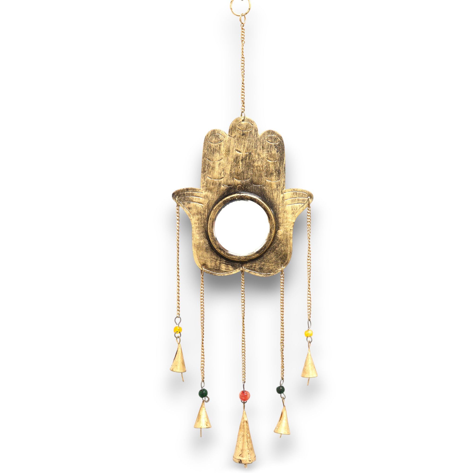 Decorative hanging item with a hand design and dangling elements on a white background