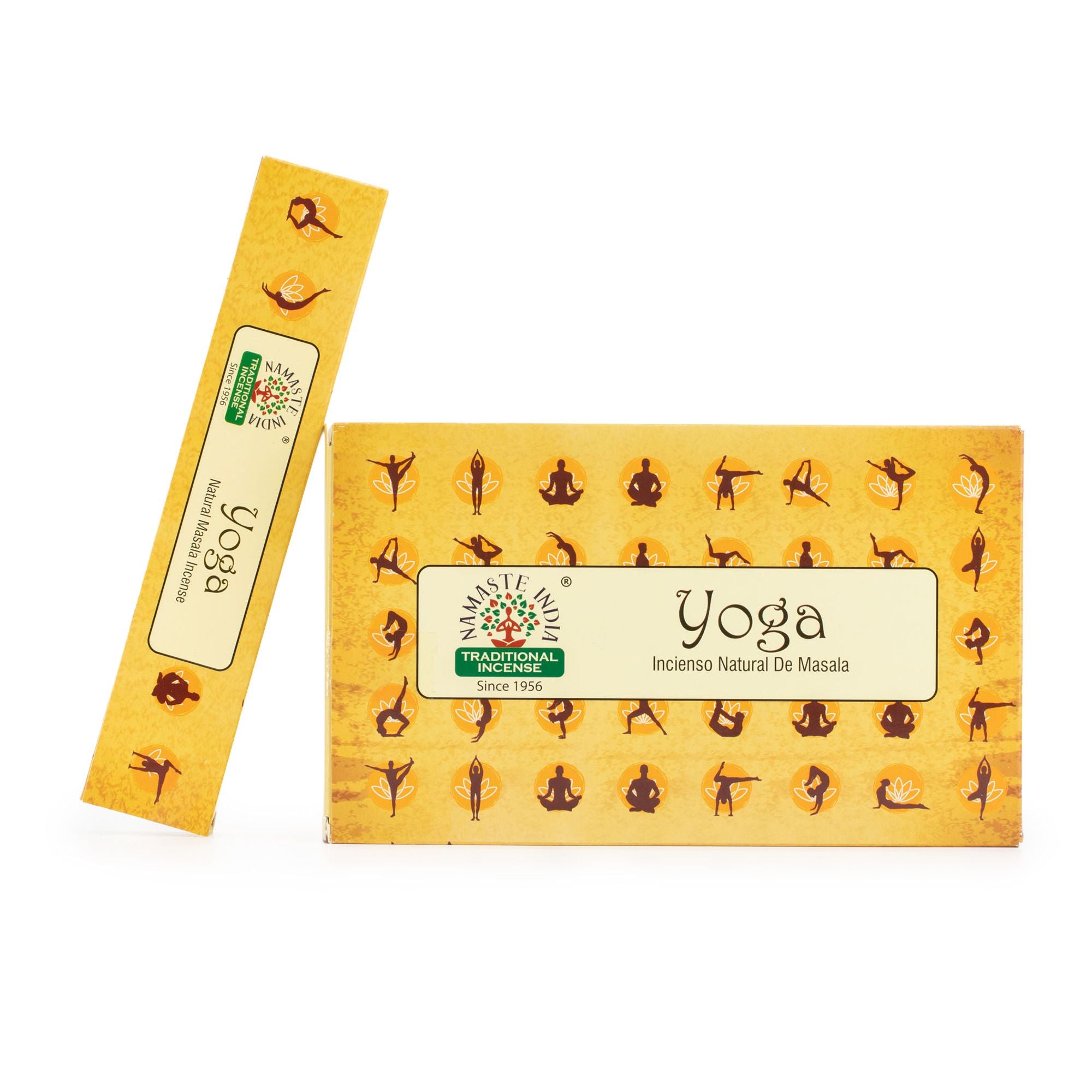 Yoga incense sticks with packaging on a white background