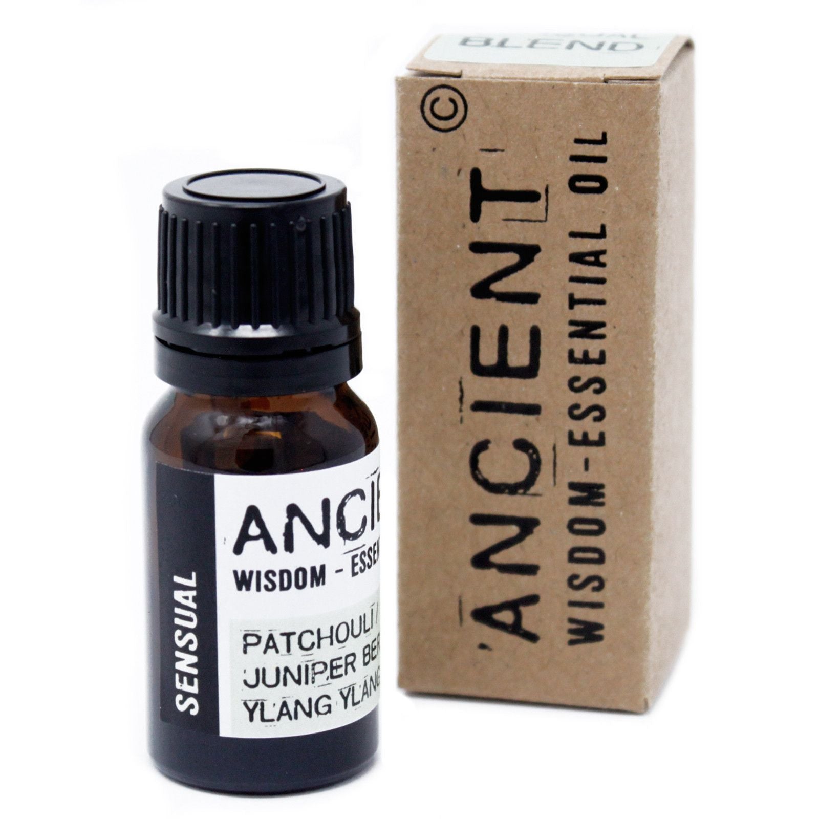 Essential oil bottle and box with 'Ancient Wisdom' branding on a white background
