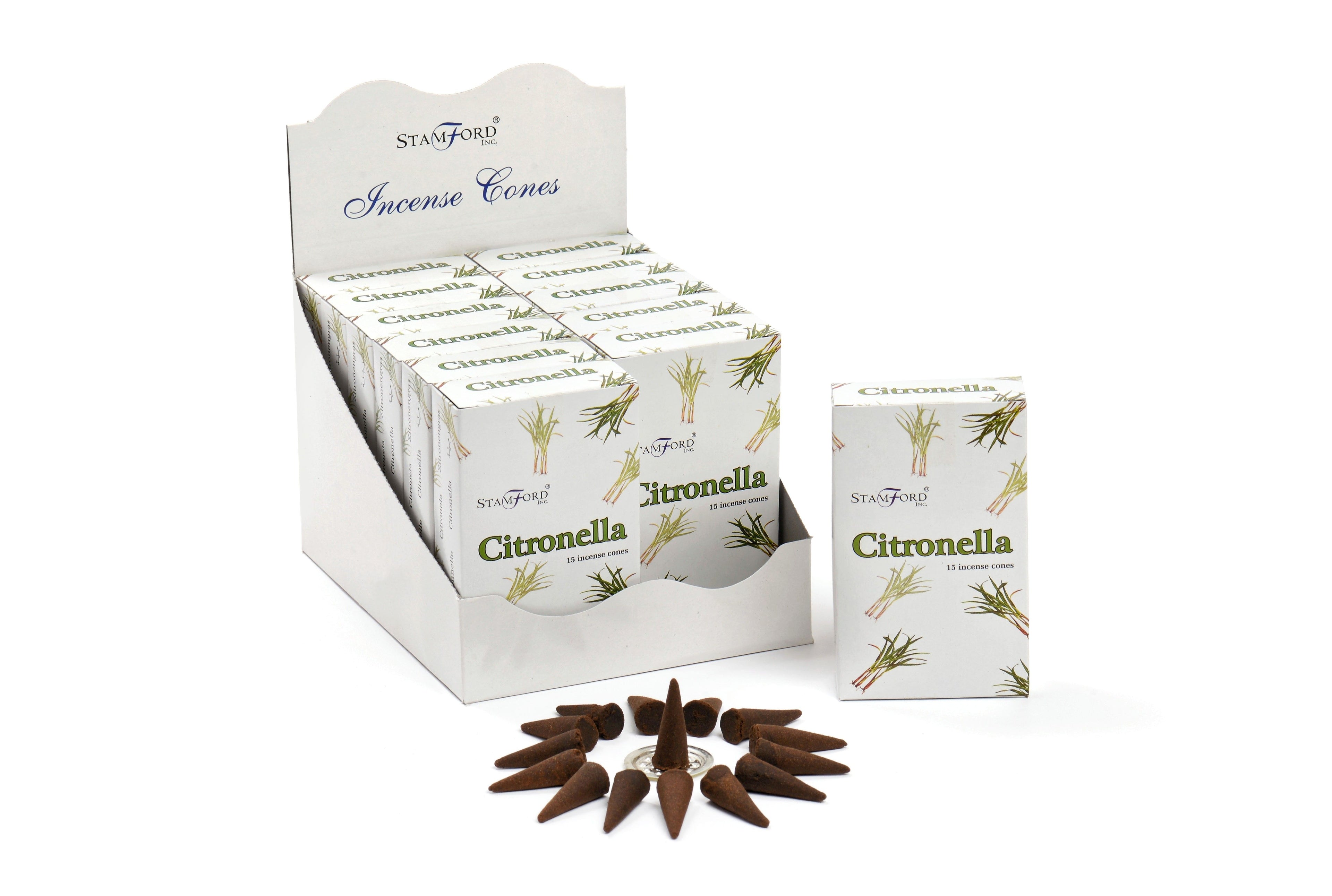 Box of Stamford Citronella incense cones on a white background