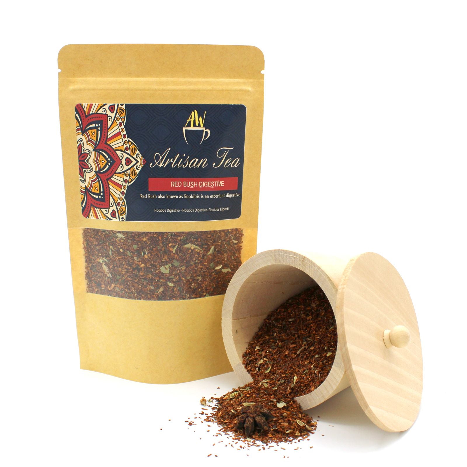 Artisan tea package with a wooden container of tea leaves on a white background