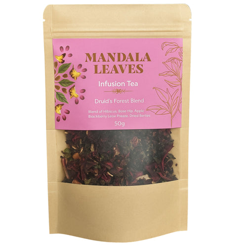 Tea package with pink label and visible tea leaves on a white background