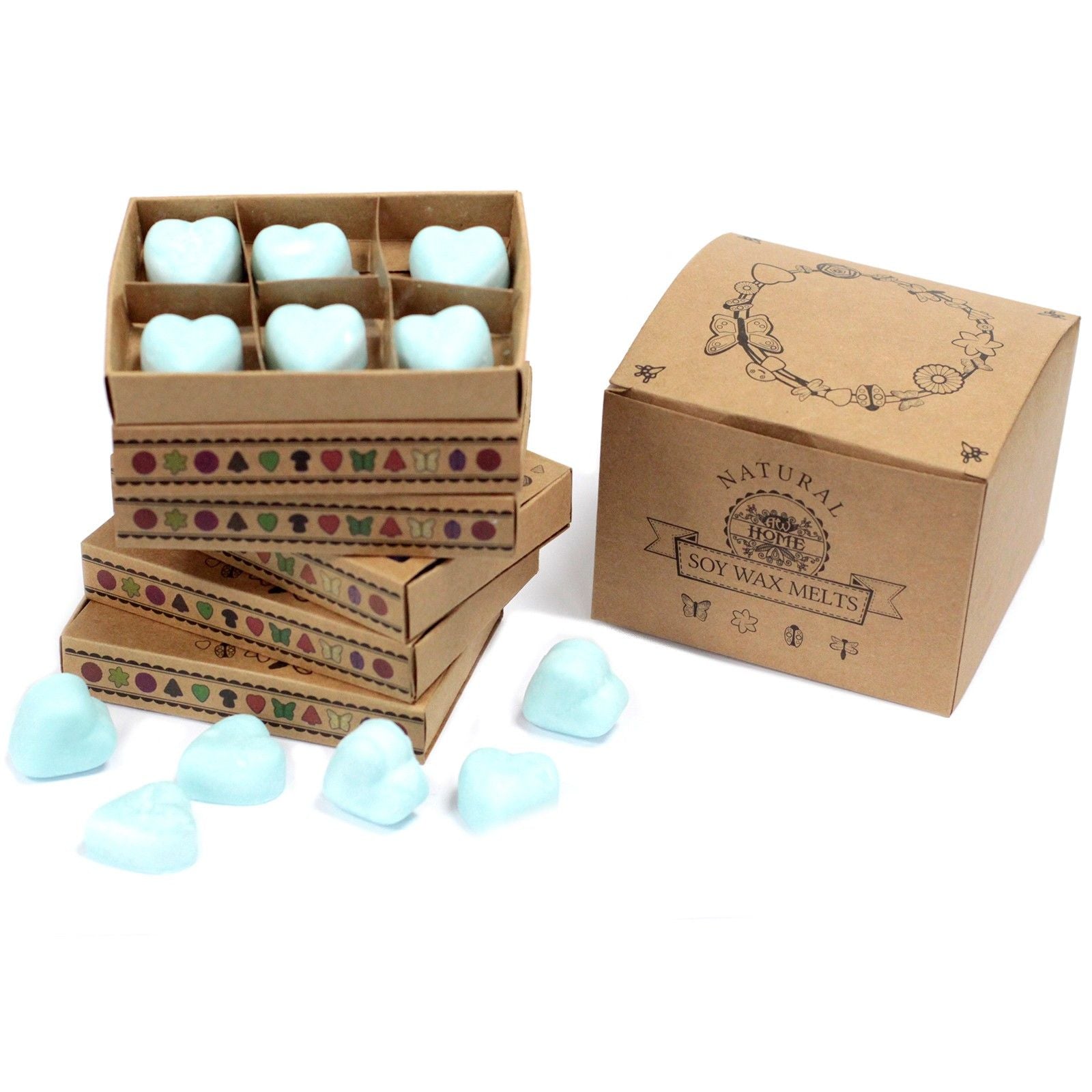 Cardboard boxes containing heart-shaped soy wax melts with a branded box on a white background.