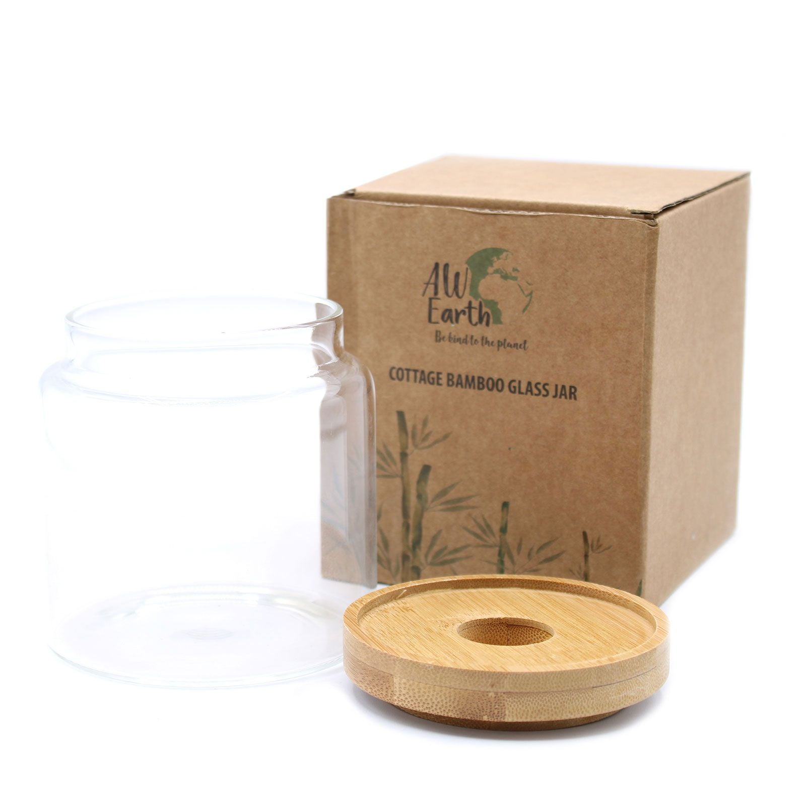 Bamboo glass jar with lid and packaging displaying 'All Earth' brand on a white background