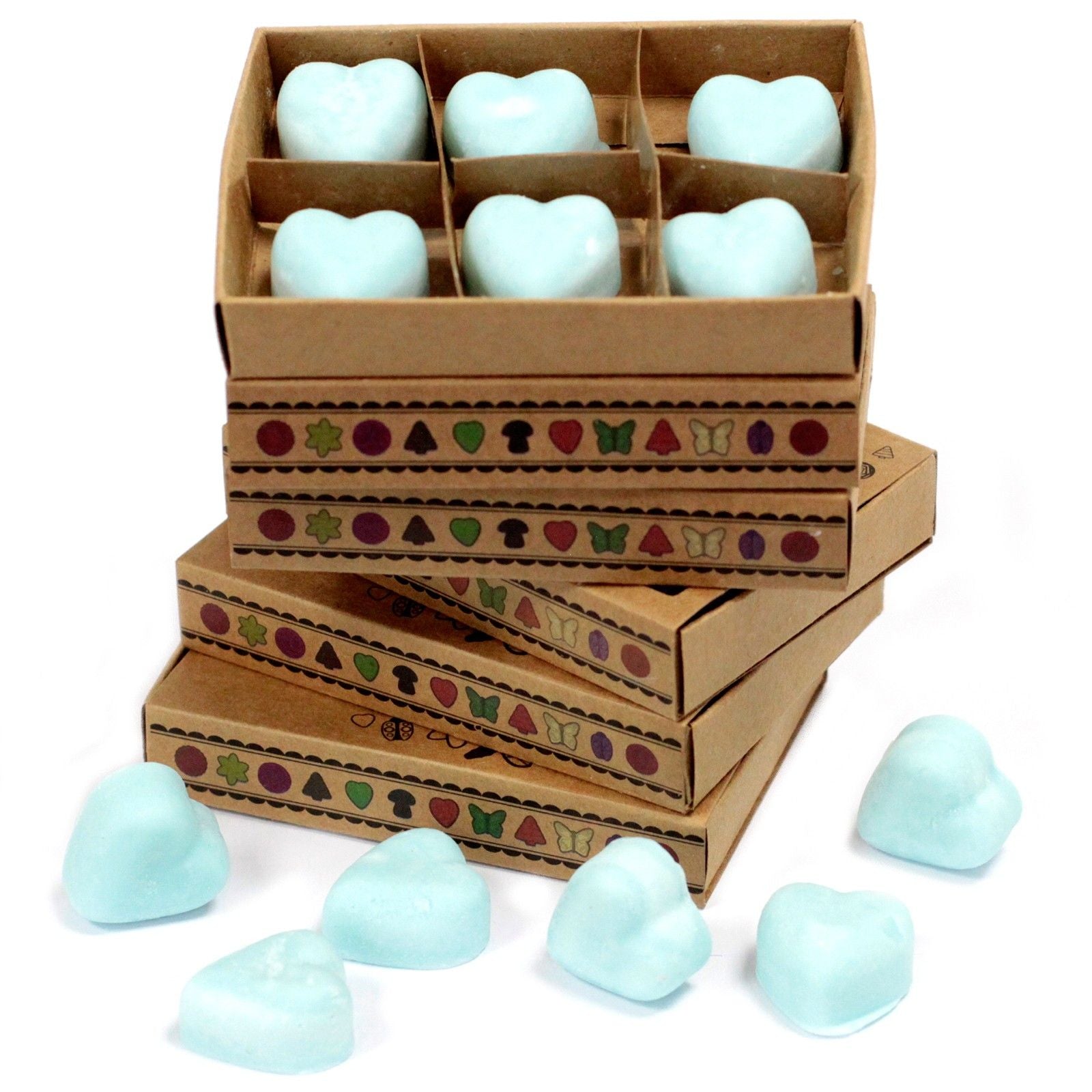 Stack of cardboard boxes with heart-shaped blue objects on a white background