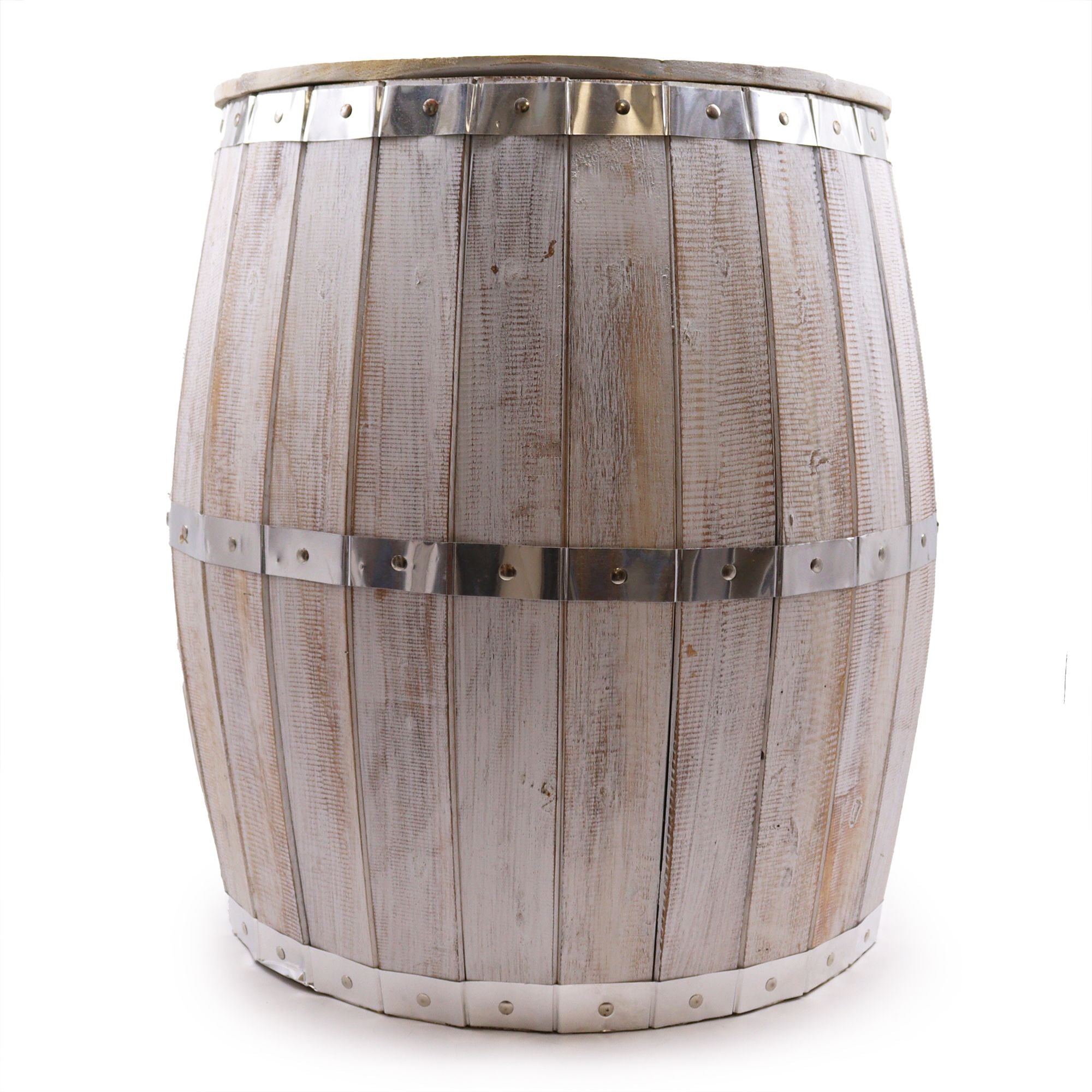 Wooden barrel with metal bands on a white background
