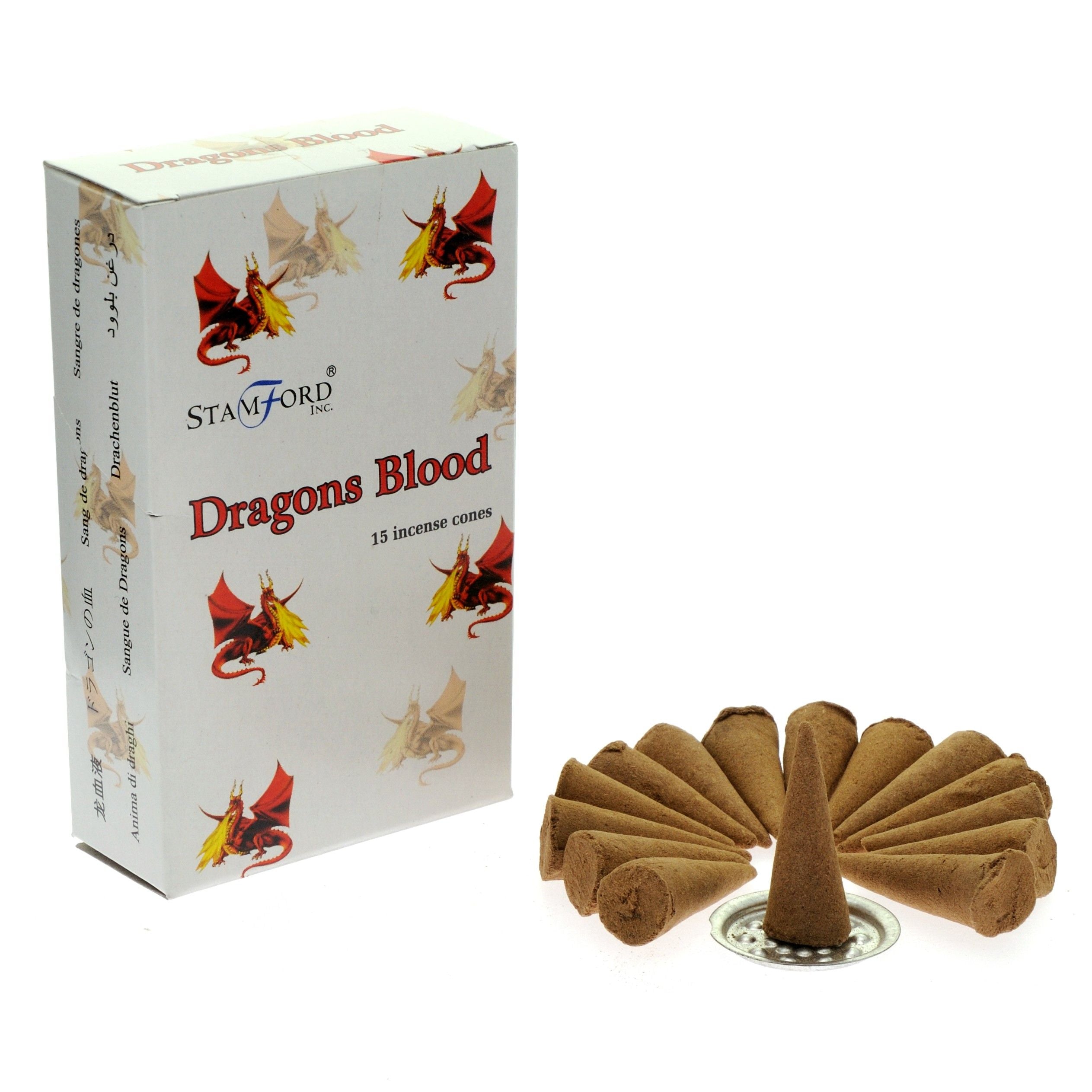 Stamford Inc. Dragons Blood incense cones with packaging on a white background