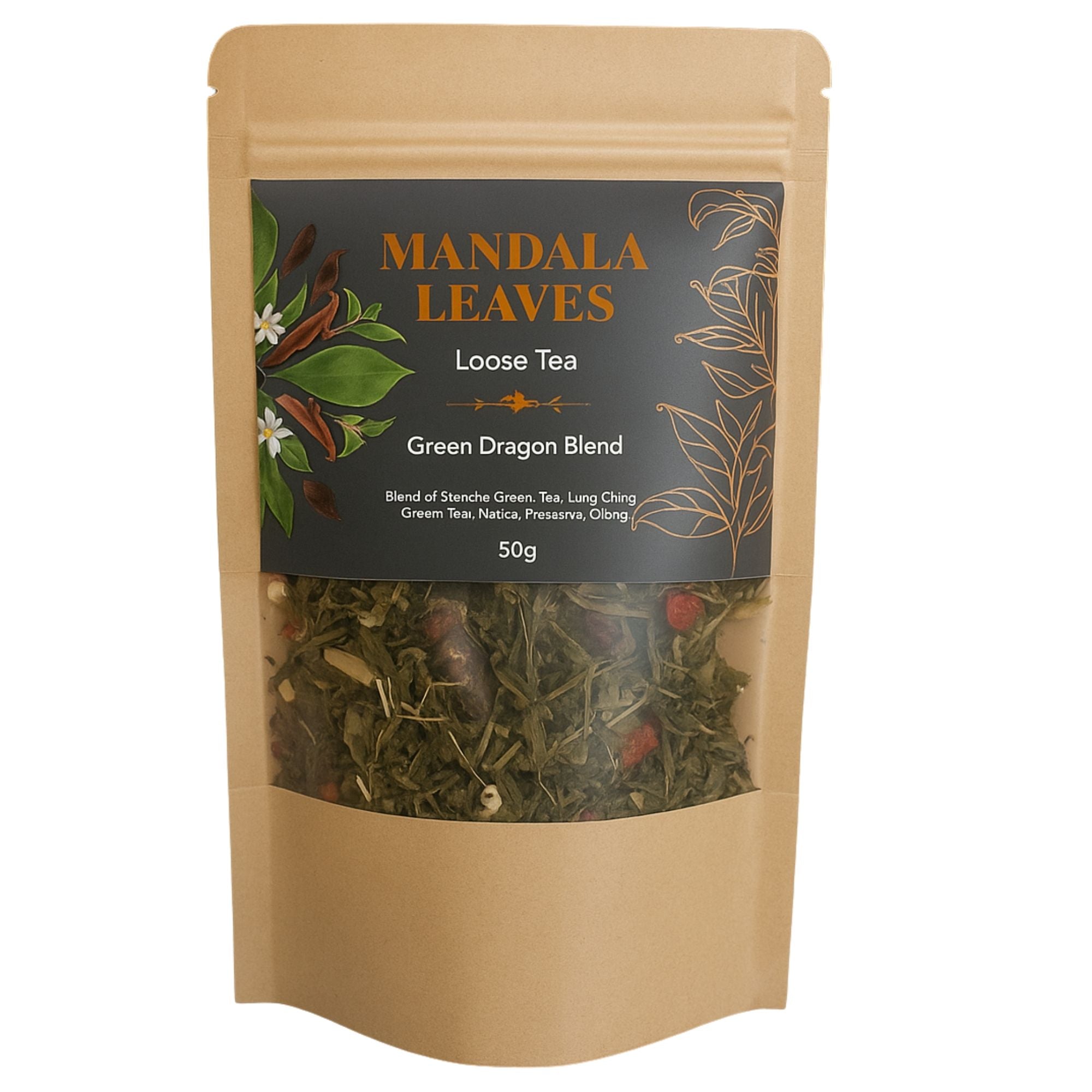 Mandala Leaves loose tea package with visible tea leaves on a white background