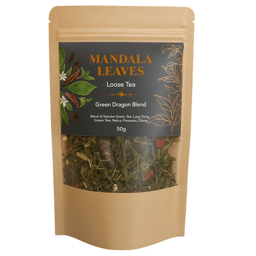 Mandala Leaves loose tea package with visible tea leaves on a white background