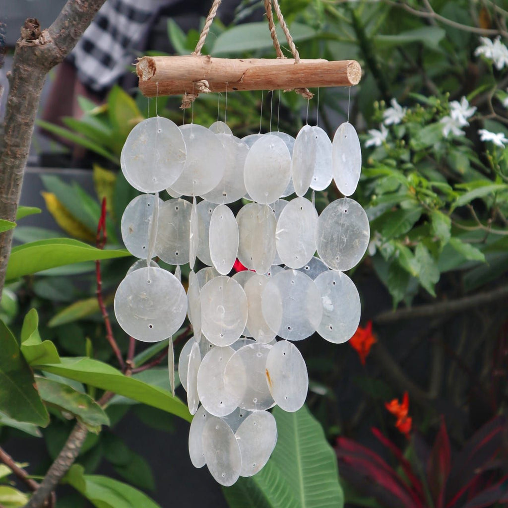 Decorative wind chime with circular discs hanging from a branch against a natural background.