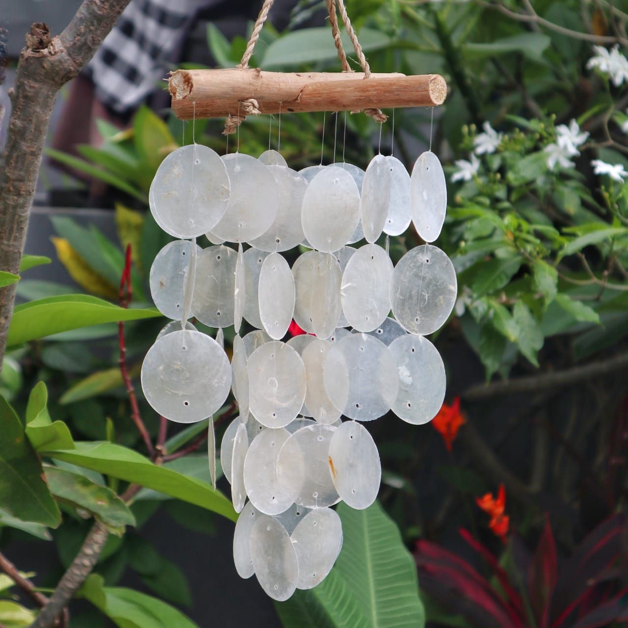 Decorative wind chime with circular discs hanging from a branch against a natural background.