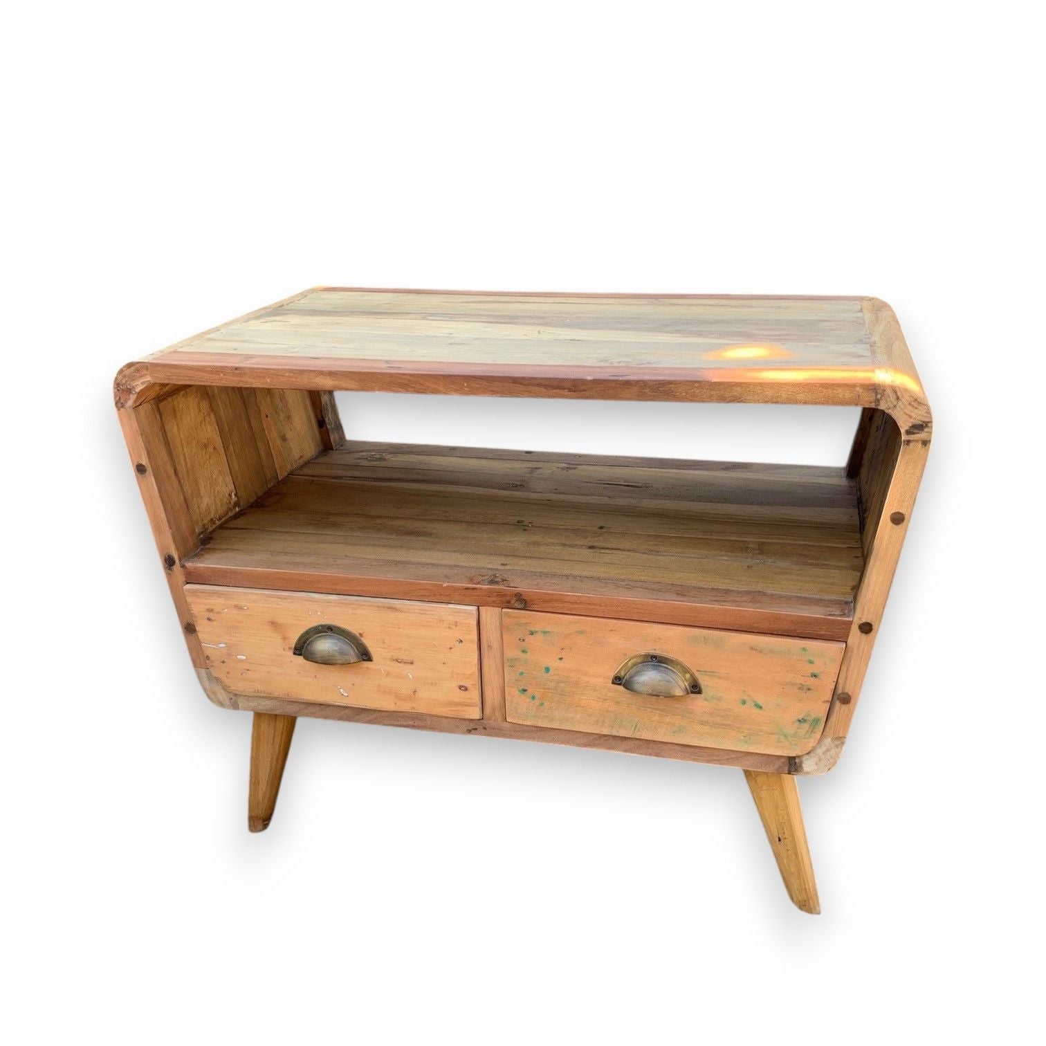 Wooden side table with two drawers on a white background