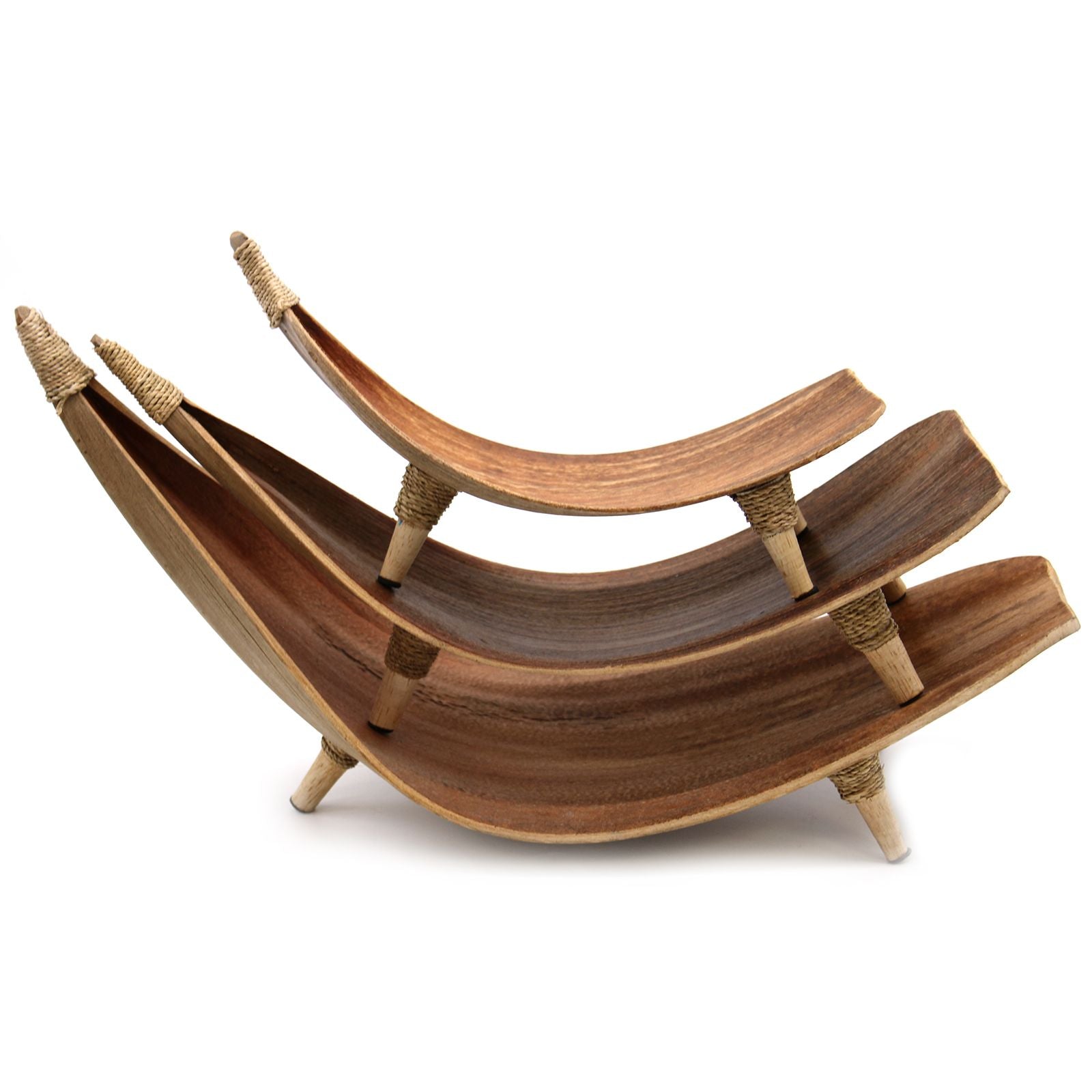 Wooden hammock with woven details on a white background