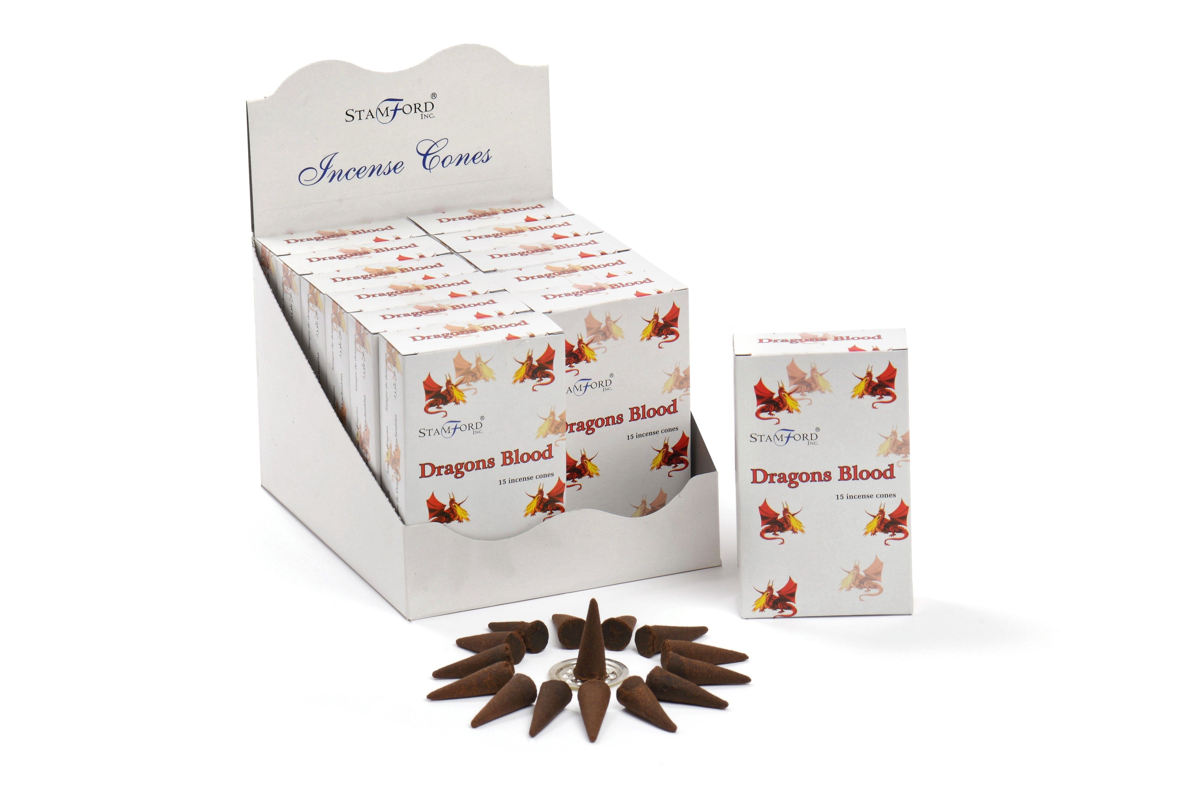 Box of Stamford Incense Cones with 'Dragon's Blood' flavor on a white background